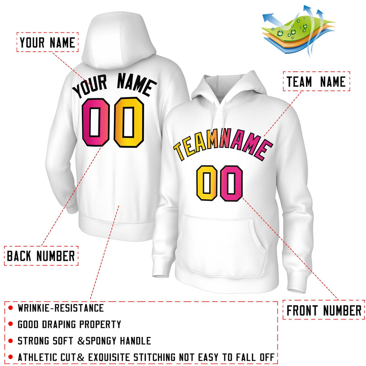 Custom Stitched White Gradient Fashion Athletic Pullover Sweatshirt Hoodie