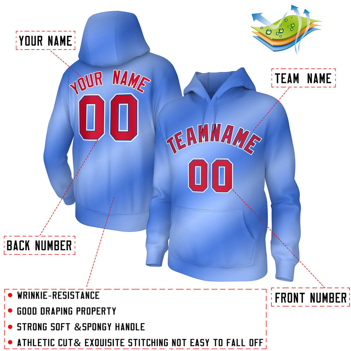 Custom Stitched Light Blue Gradient Fashion Athletic Pullover Sweatshirt Hoodie