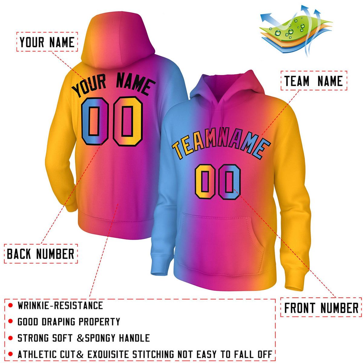 Custom Stitched Powder Blue Purple Pink-Yellow Gradient Fashion Athletic Pullover Sweatshirt Hoodie