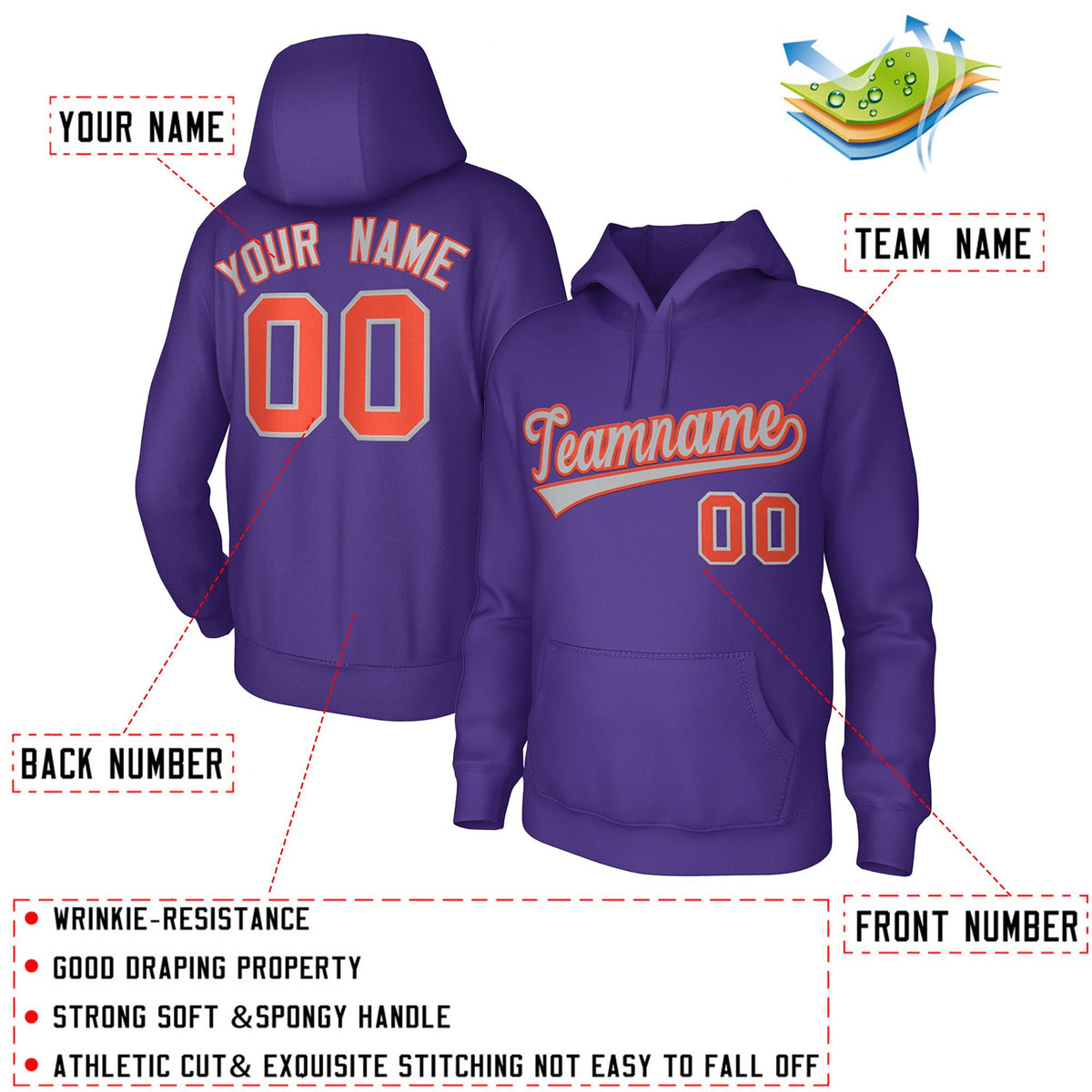 Custom Purple Gray Orange Classic Style Sports Uniform Pullover Hoodie