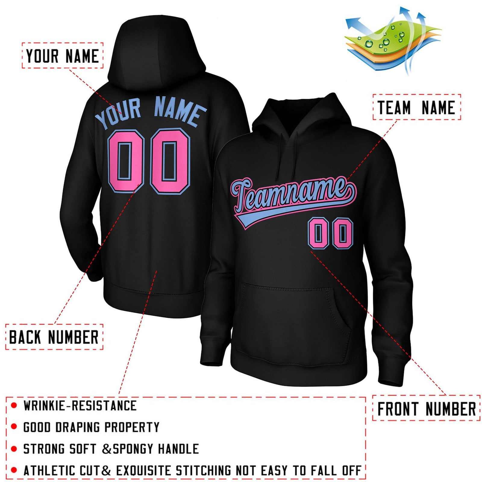 Custom Black-Light Blue-Pink Classic Style Sports Uniform Pullover Hoodie