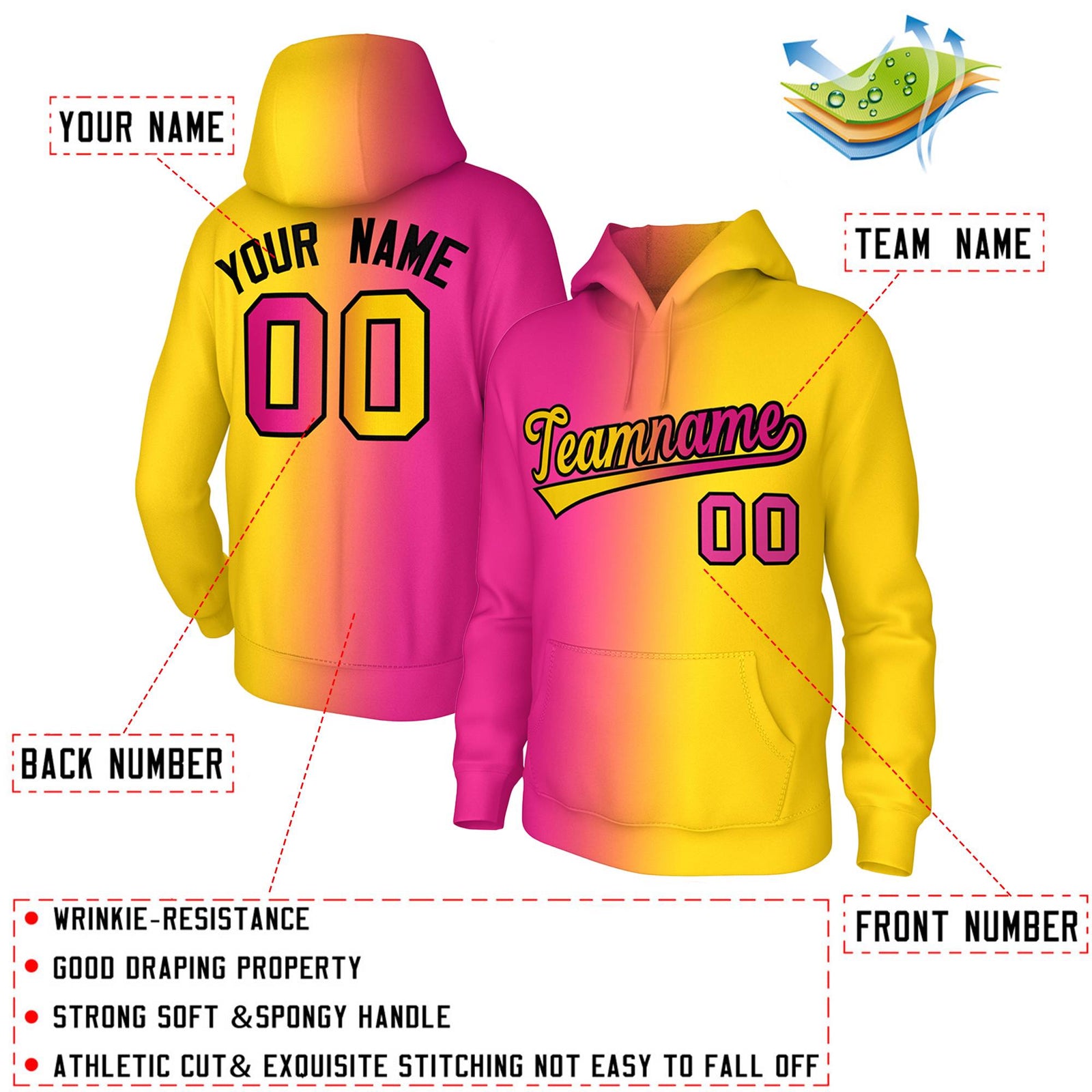 Custom Stitched Gold Pink Gradient Fashion Sports Pullover Sweatshirt Hoodie