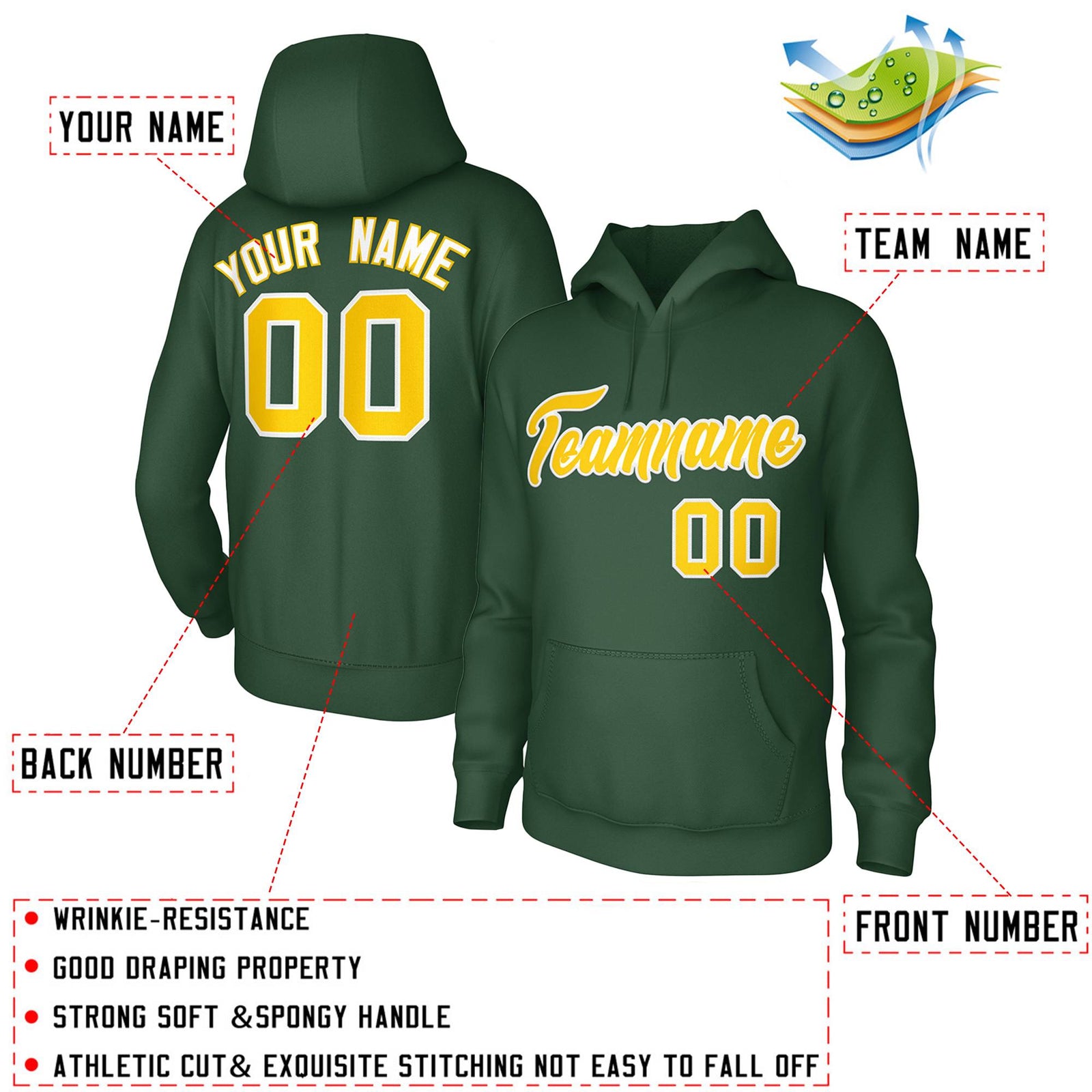 Custom Green Gold-White Classic Style Personalized Uniform Pullover Hoodie