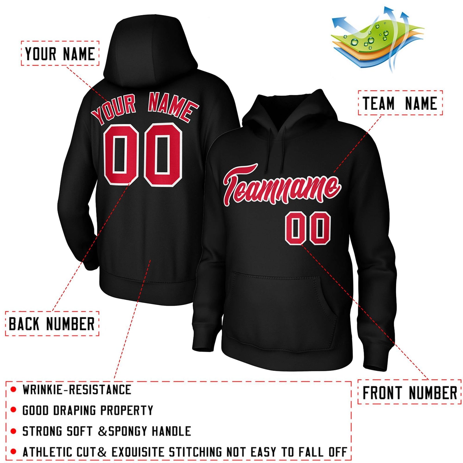 Custom Black Red-White Classic Style Personalized Uniform Pullover Hoodie