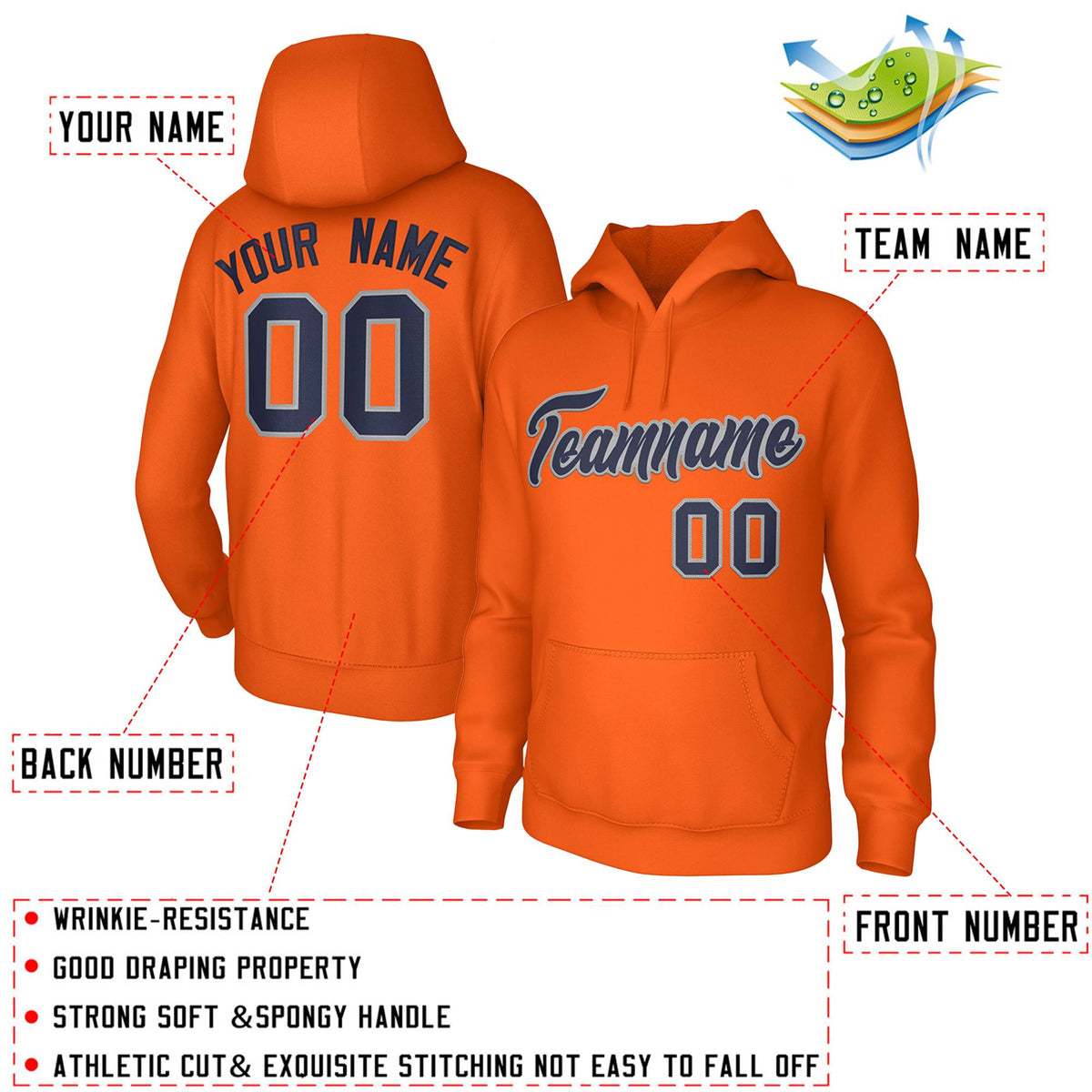 Custom Orange Navy-Gray Classic Style Personalized Uniform Pullover Hoodie
