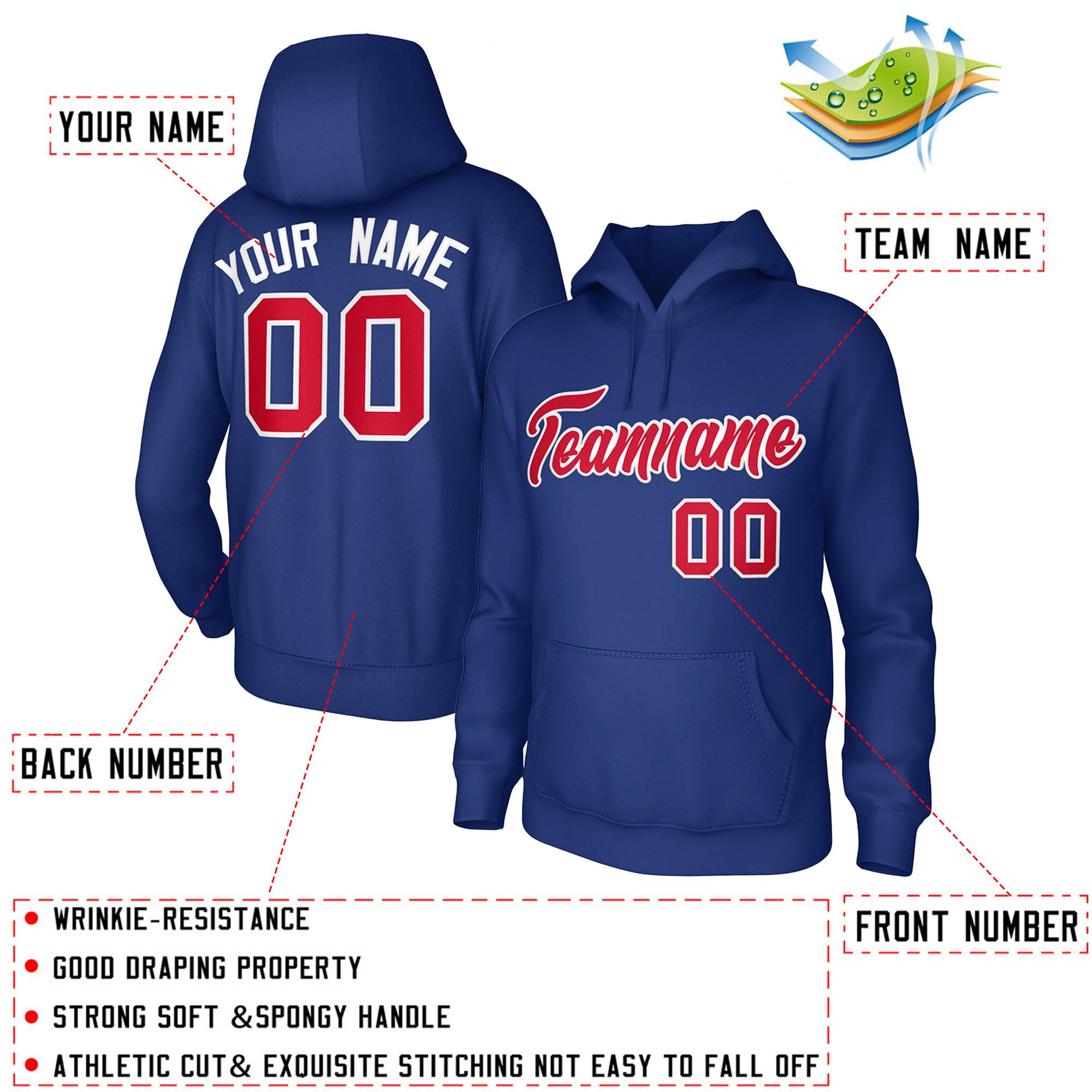 Custom Royal Red-White Classic Style Personalized Uniform Pullover Hoodie