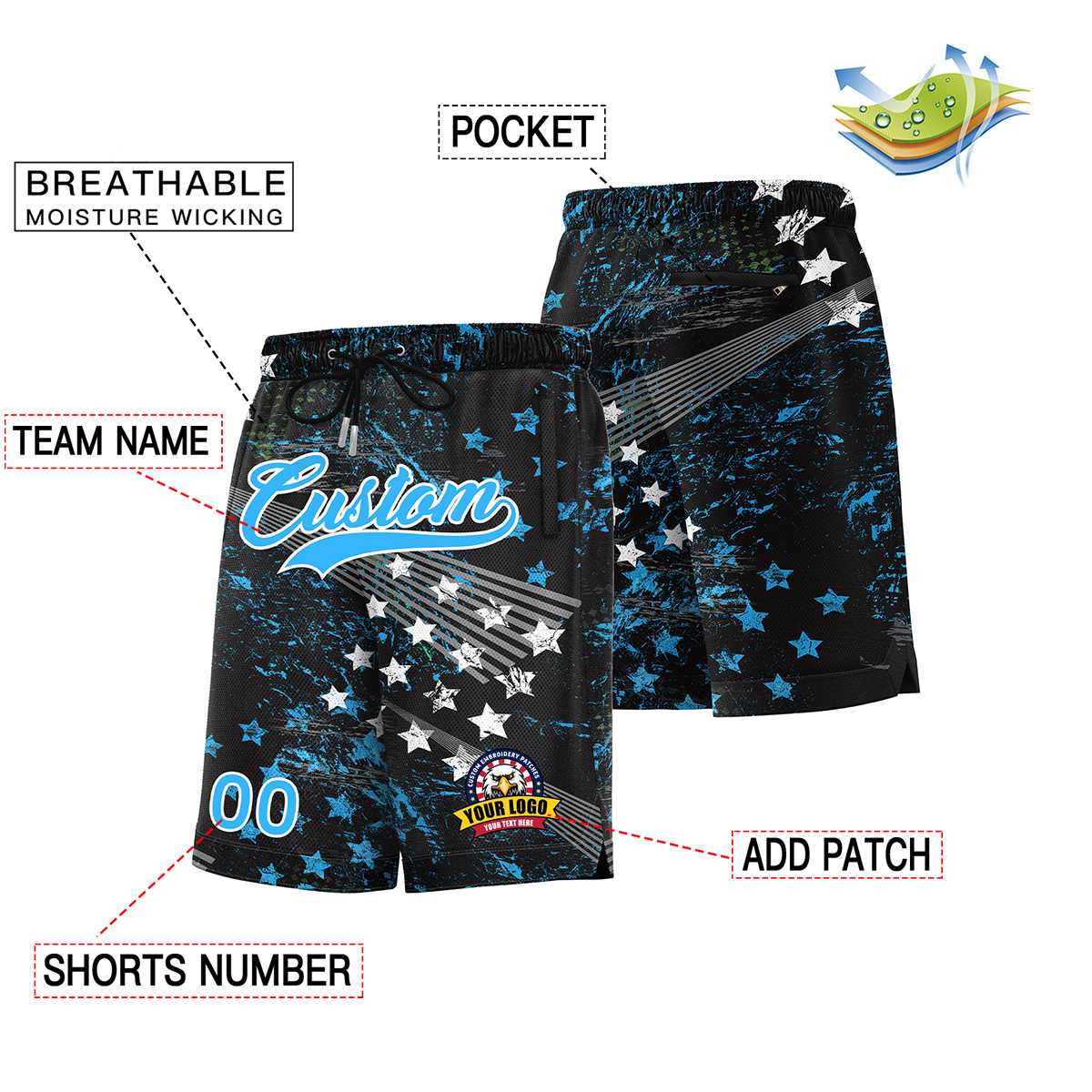 Custom Powder Blue White Font Personalized Graffiti Pattern Shorts