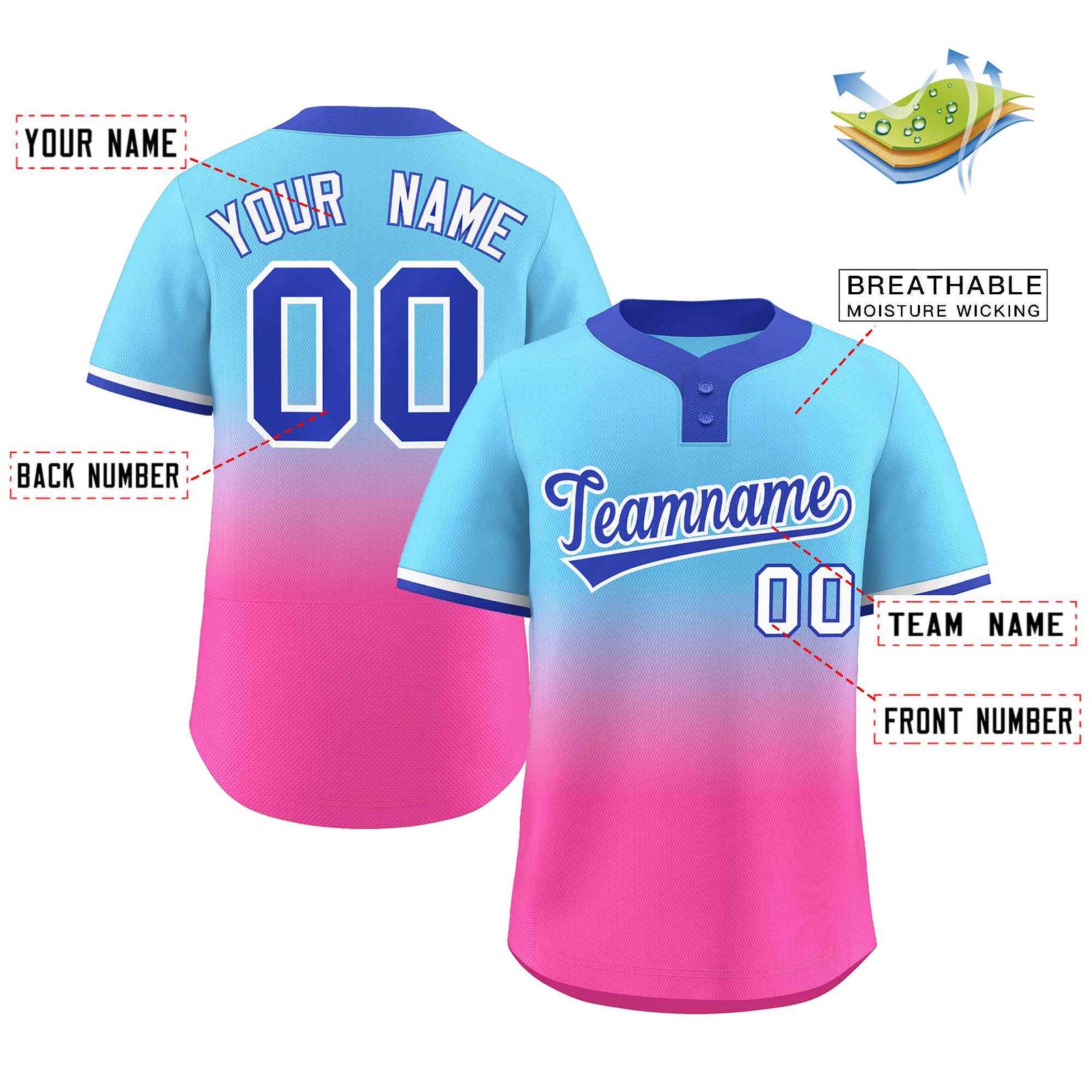 Custom Light Blue Pink Royal-White Gradient Fashion Authentic Two-Button Softball Jersey