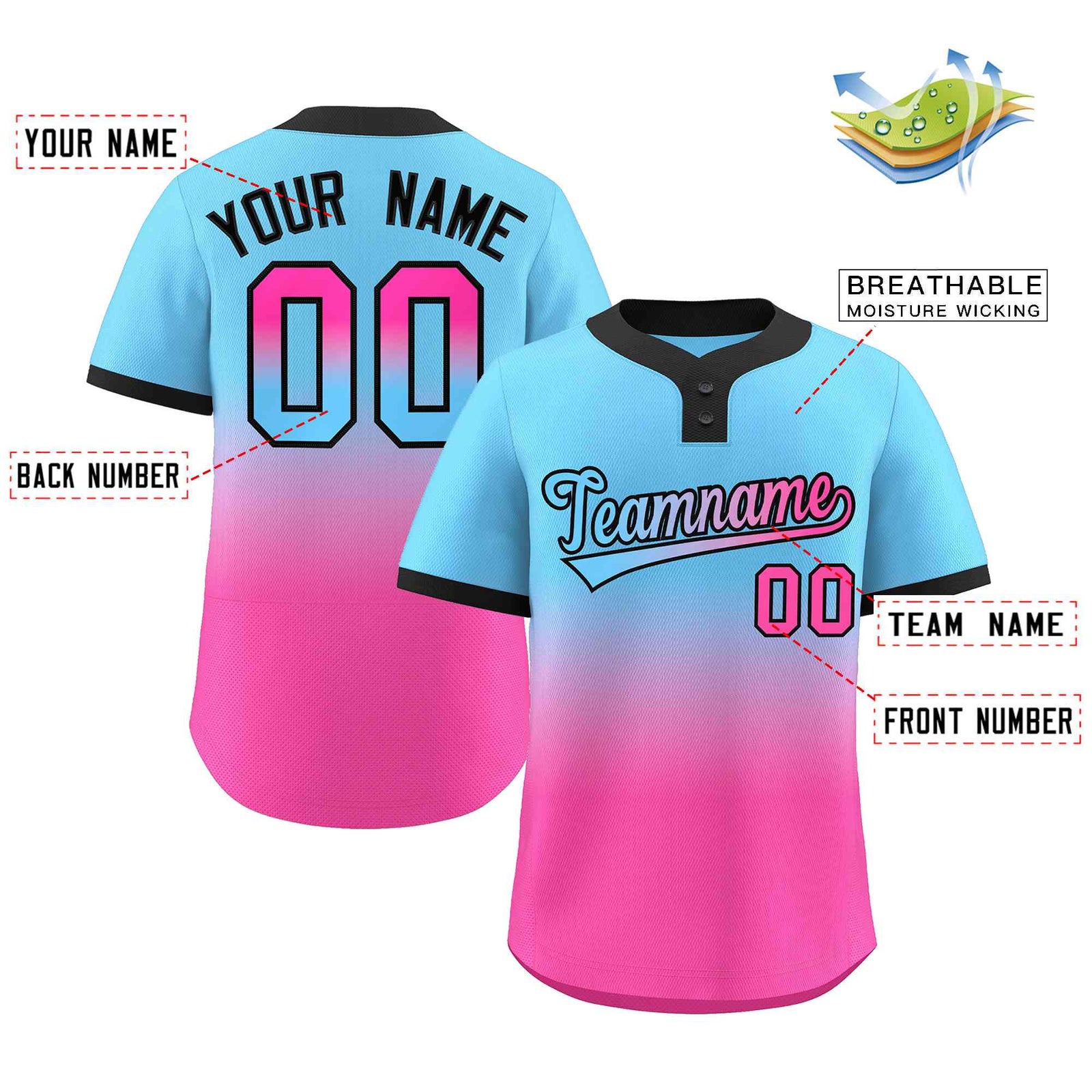 Custom Light Blue Pink Light Blue-Black Gradient Fashion Authentic Two-Button Softball Jersey