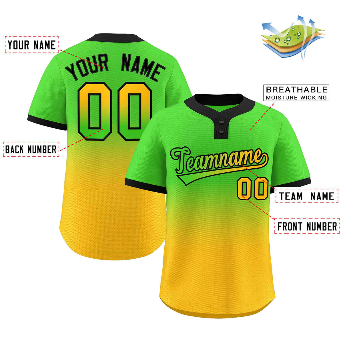 Custom Neon Green Gold Green-Black Gradient Fashion Authentic Two-Button Softball Jersey