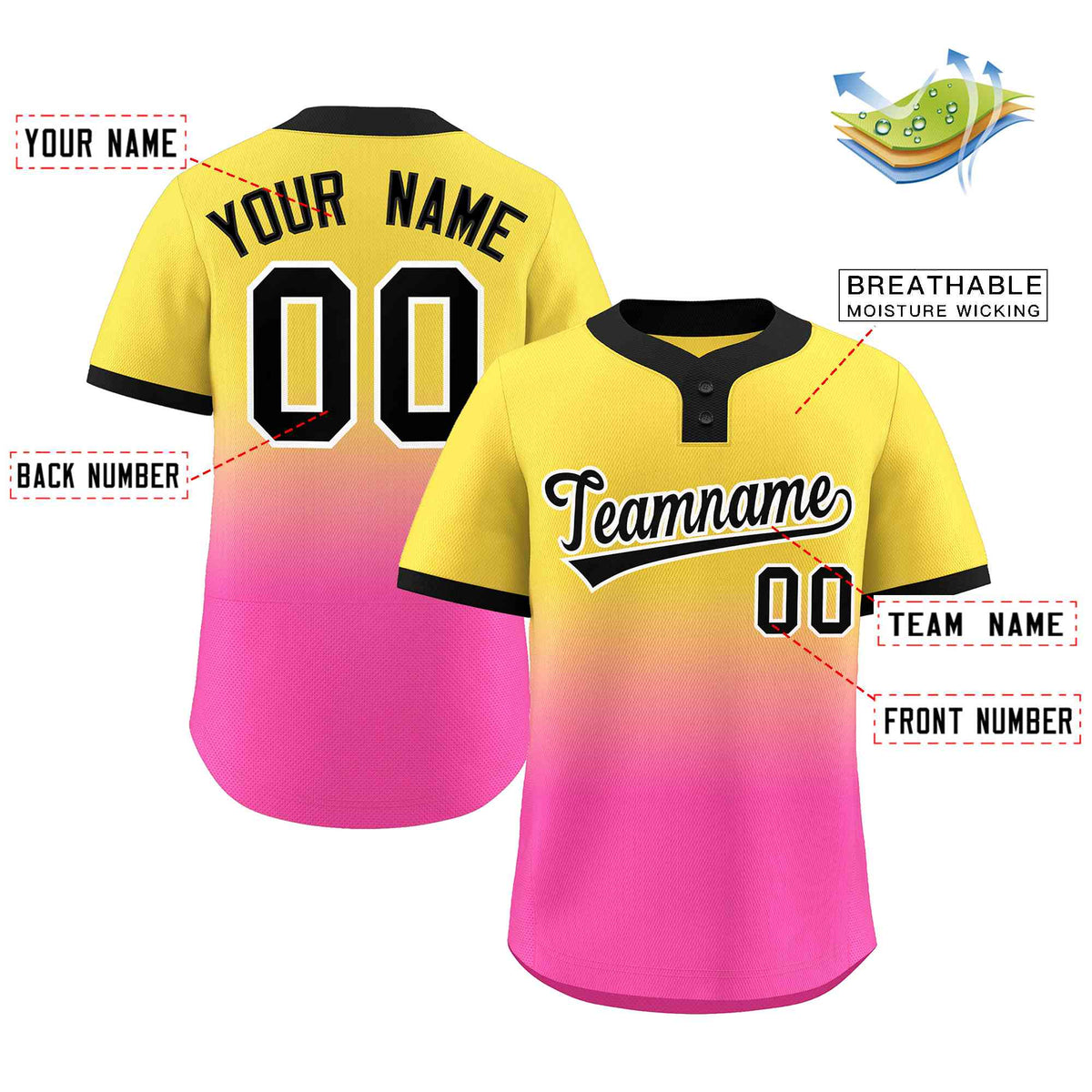 Custom Gold Pink Black-White Gradient Fashion Authentic Two-Button Softball Jersey