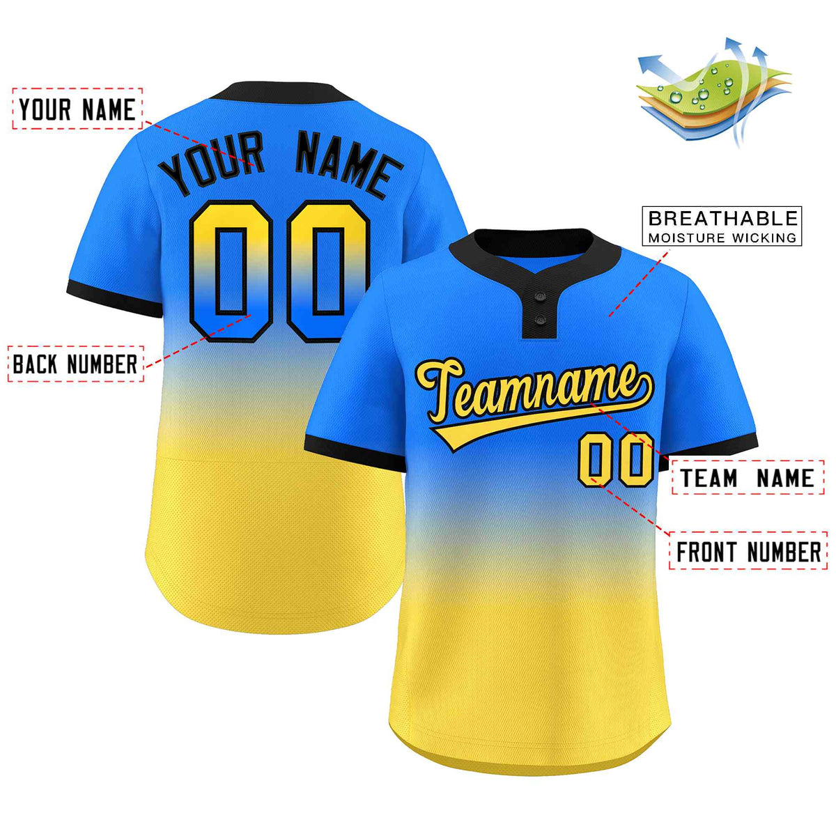 Custom Light Blue Gold Gold-Black Gradient Fashion Authentic Two-Button Softball Jersey