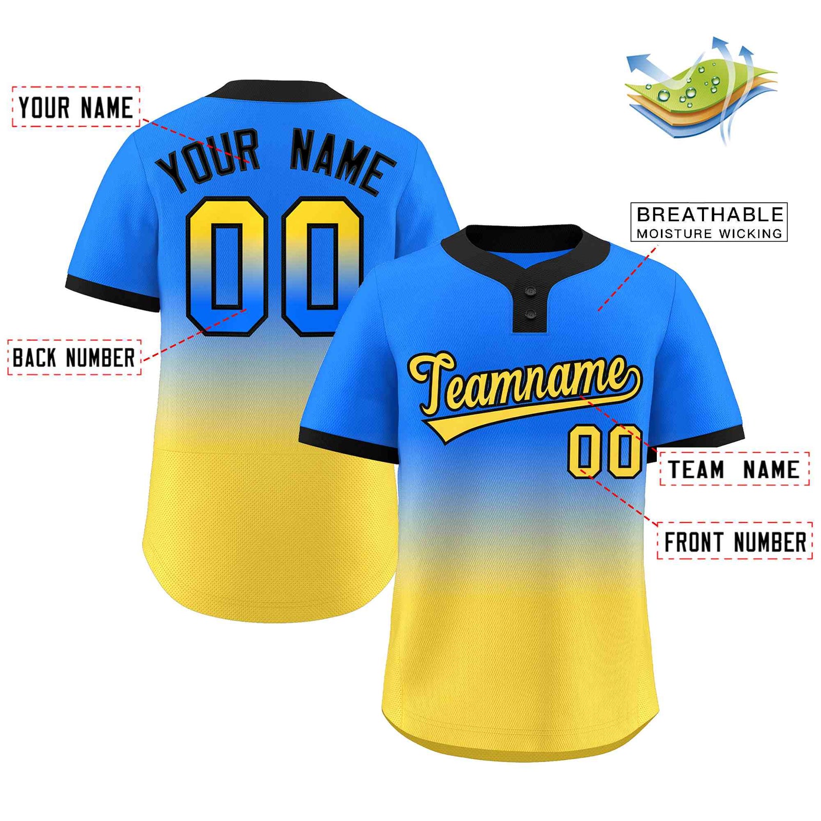Custom Light Blue Gold Gold-Black Gradient Fashion Authentic Two-Button Softball Jersey