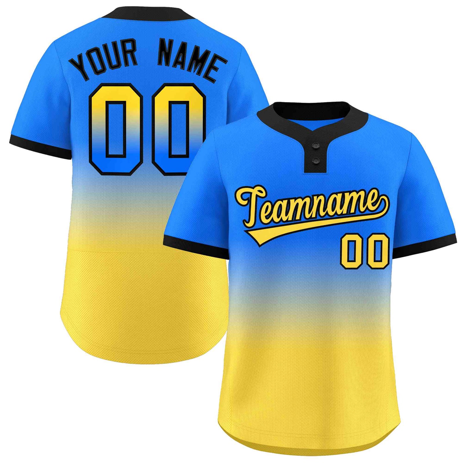 Custom Light Blue Gold Gold-Black Gradient Fashion Authentic Two-Button Softball Jersey
