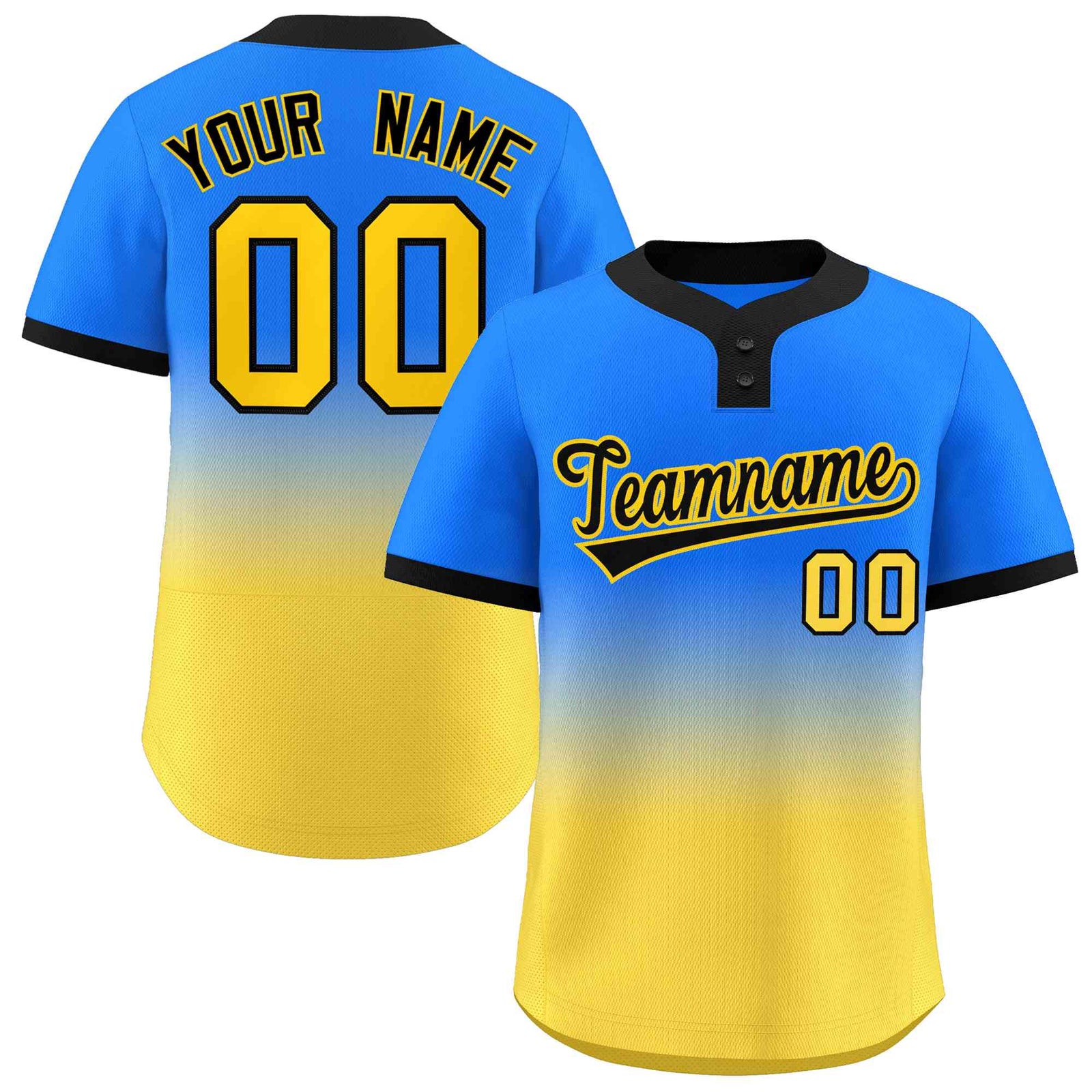 Custom Light Blue Gold Black-Gold Gradient Fashion Authentic Two-Button Softball Jersey