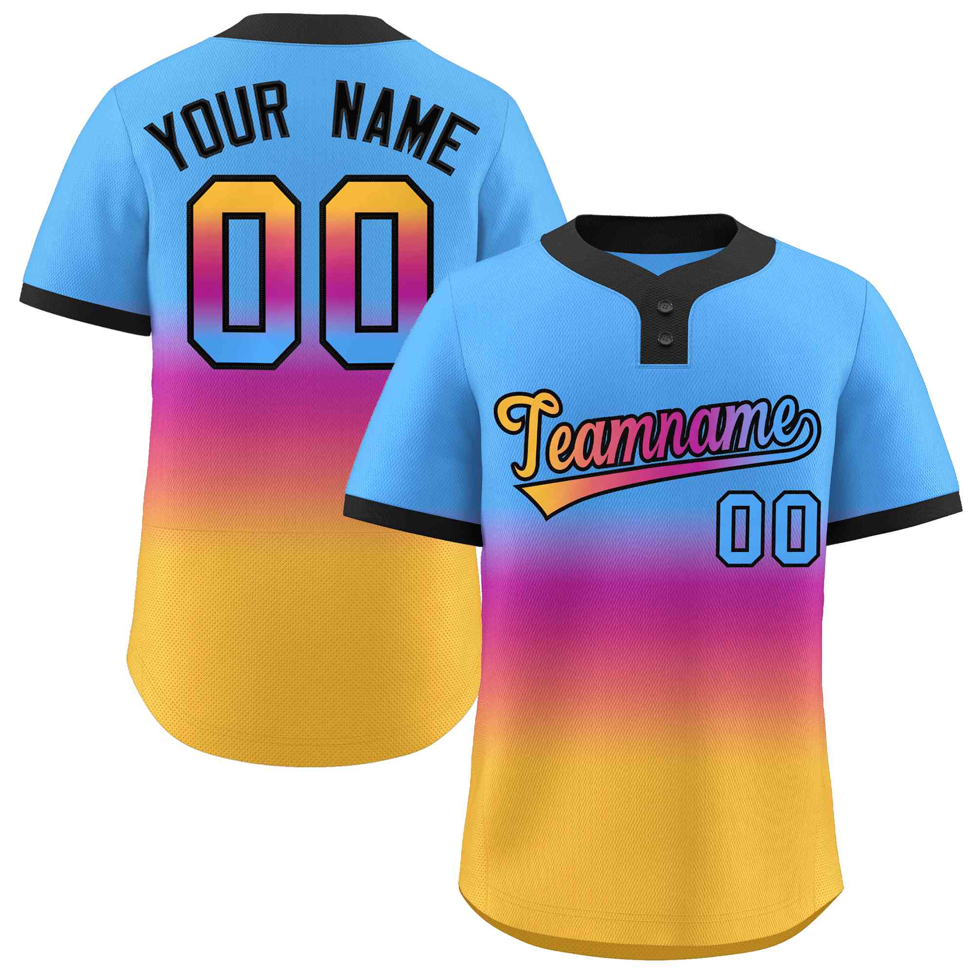 Custom Powder Blue Purple Gold-Pink Gradient Fashion Authentic Two-Button Softball Jersey