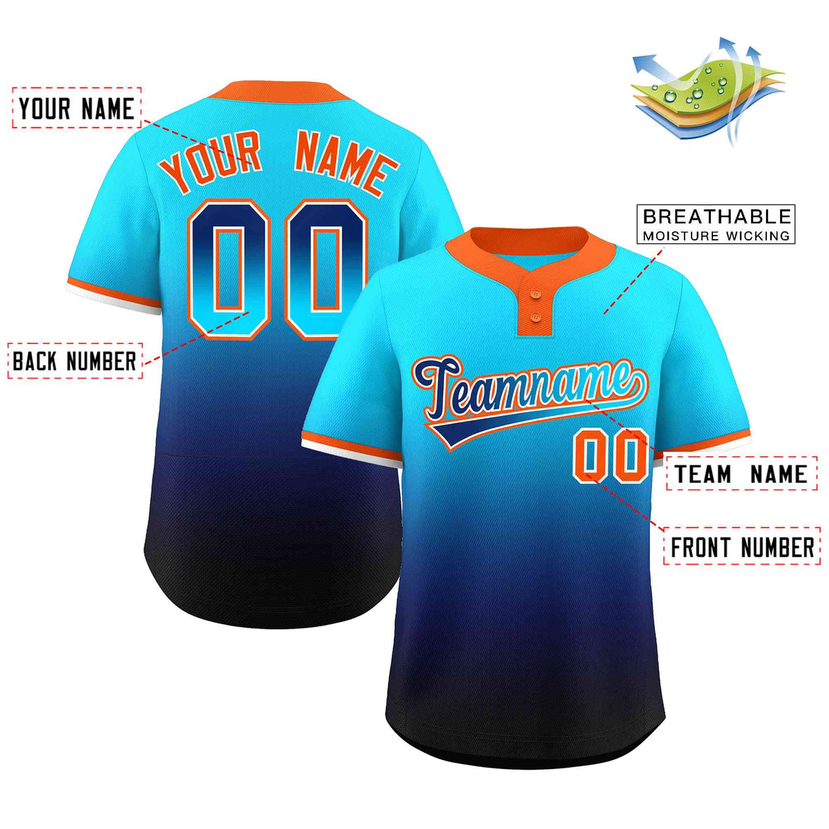 Custom Light Blue Navy Navy-Light Blue Gradient Fashion Authentic Two-Button Softball Jersey