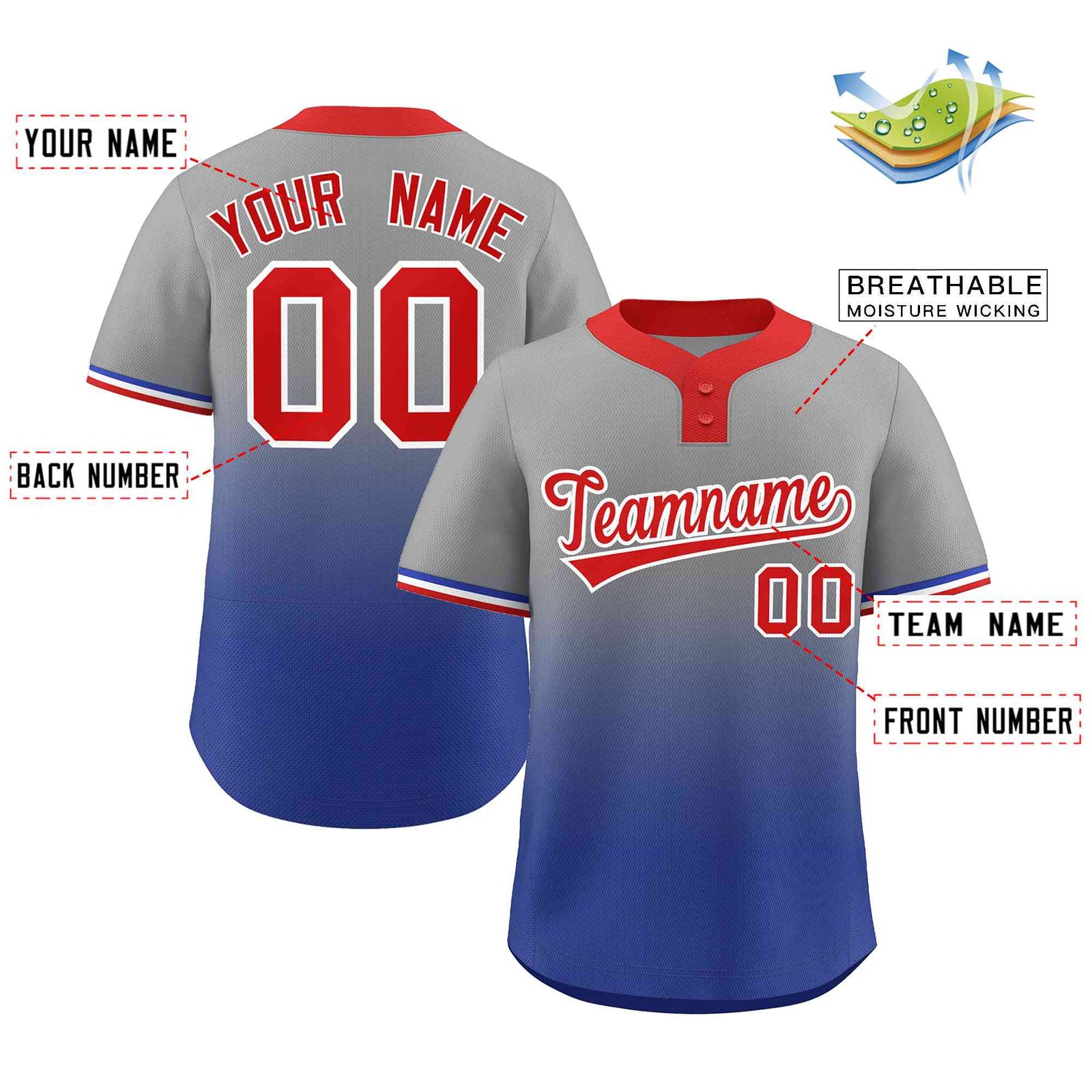 Custom Gray Royal Red-White Gradient Fashion Authentic Two-Button Softball Jersey