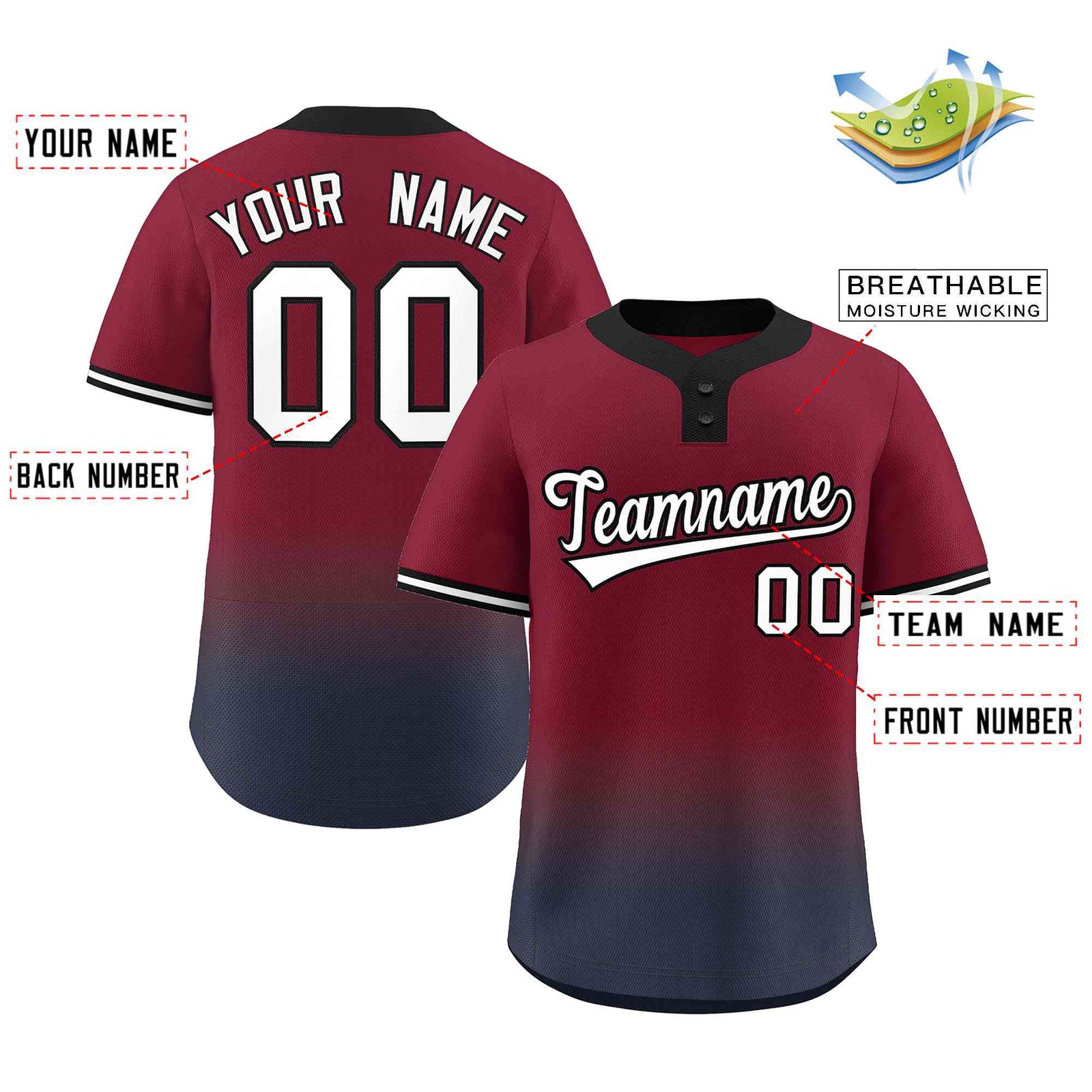 Custom Crimson Navy White-Black Gradient Fashion Authentic Two-Button Softball Jersey