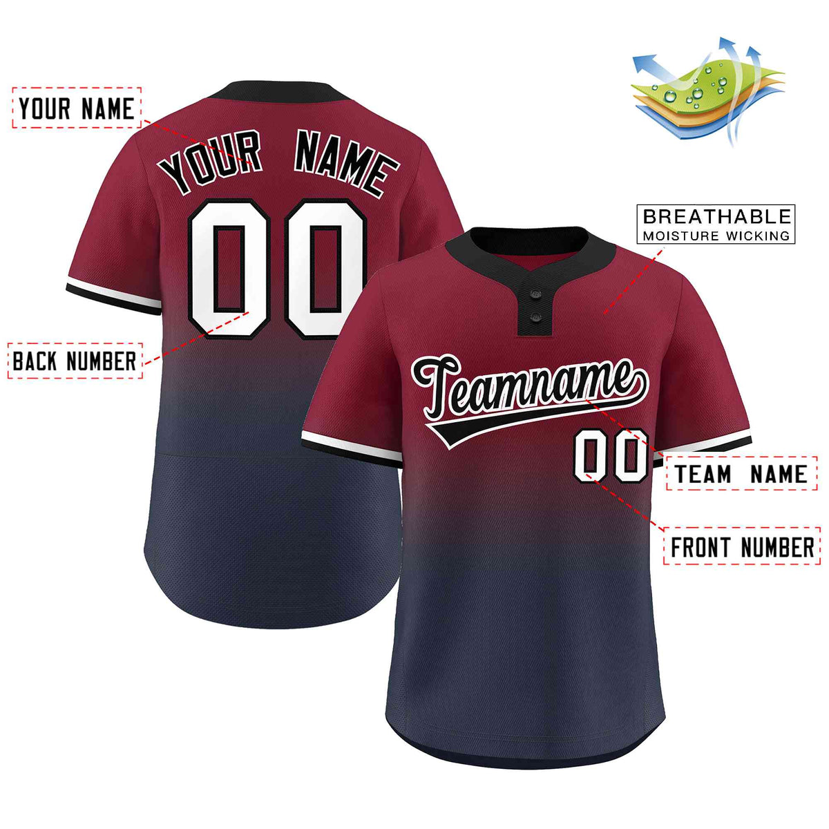 Custom Crimson Navy Black-White Gradient Fashion Authentic Two-Button Softball Jersey