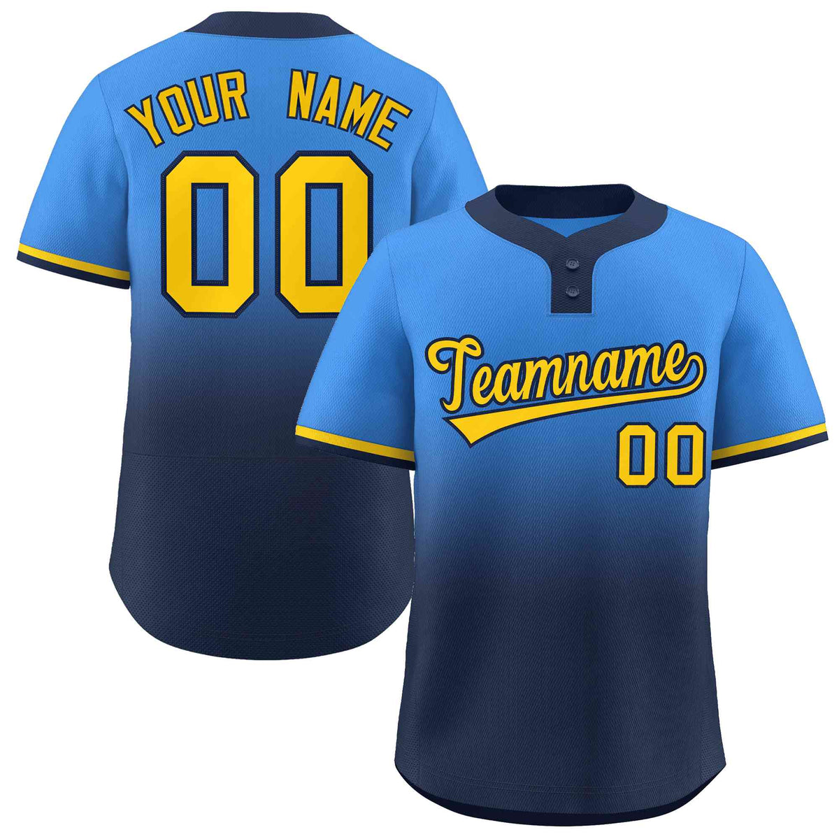 Custom Powder Blue Navy Gold-Navy Gradient Fashion Authentic Two-Button Softball Jersey