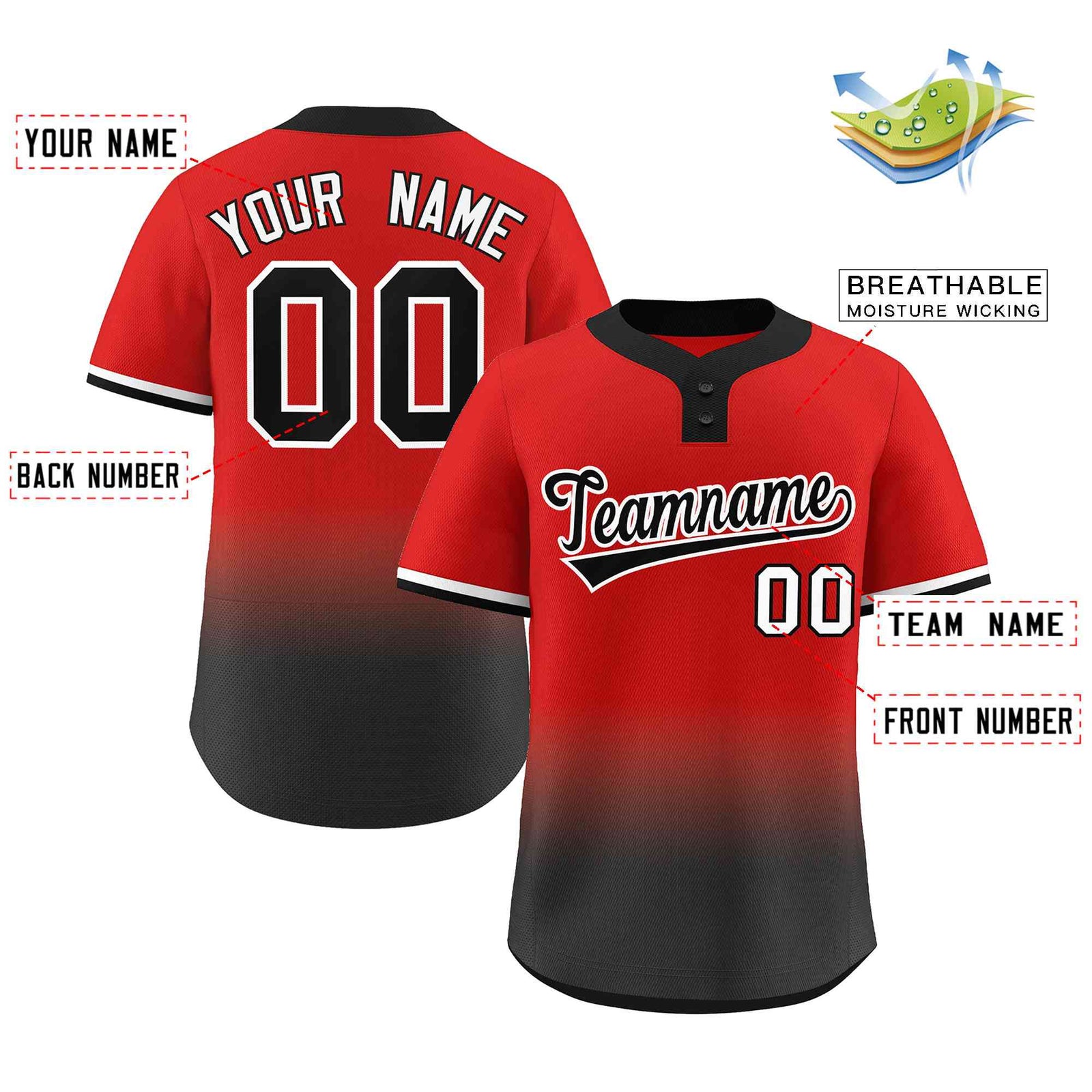 Custom Red Black Black-White Gradient Fashion Authentic Two-Button Softball Jersey