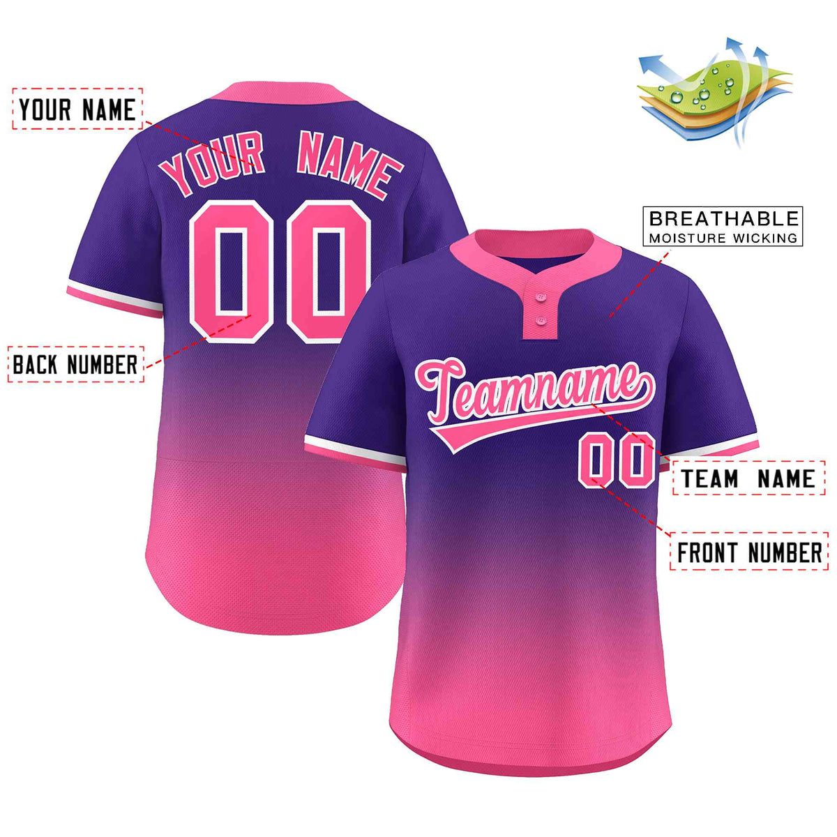 Custom Purple Pink Pink-White Gradient Fashion Authentic Two-Button Softball Jersey
