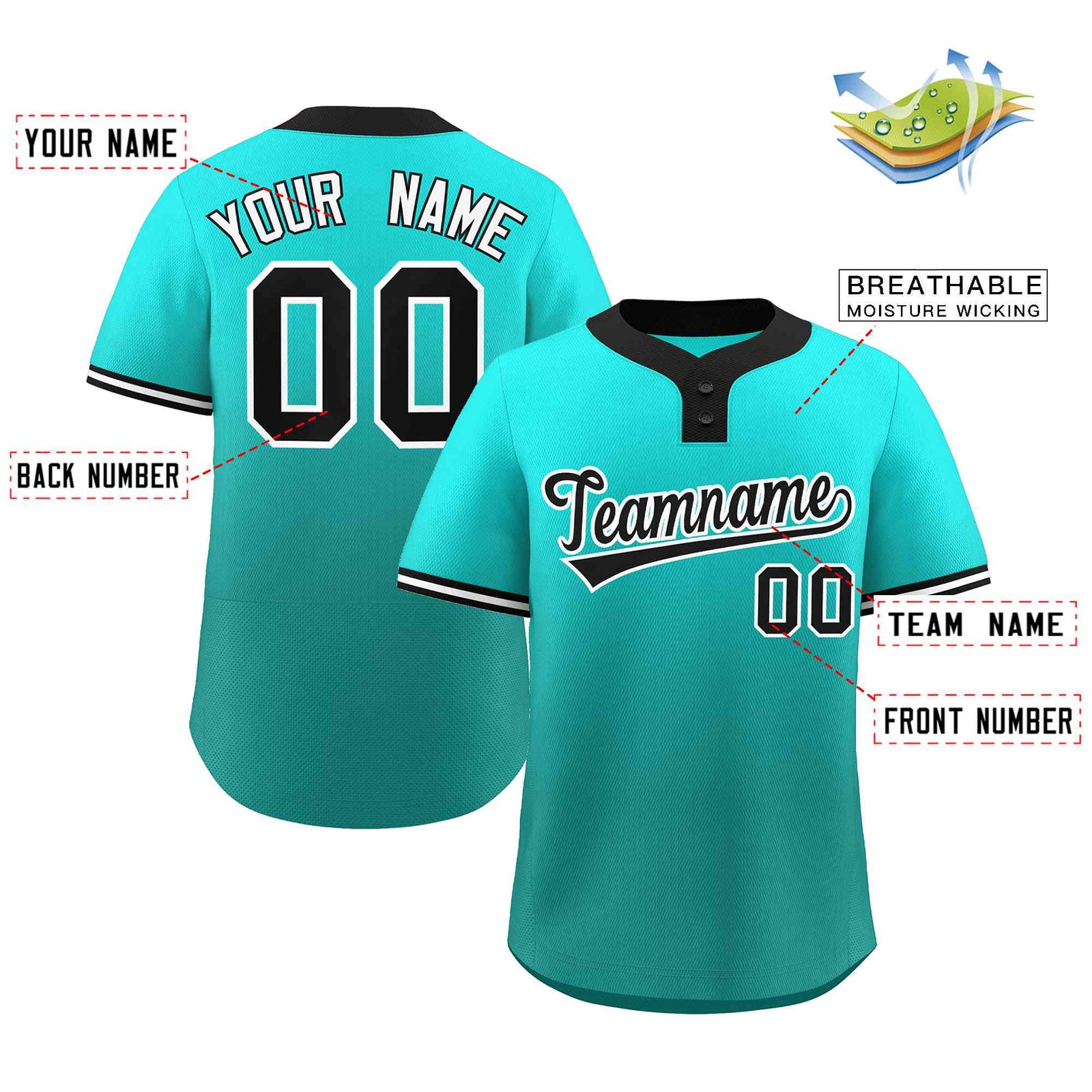 Custom Light Green Aqua Black-White Gradient Fashion Authentic Two-Button Softball Jersey
