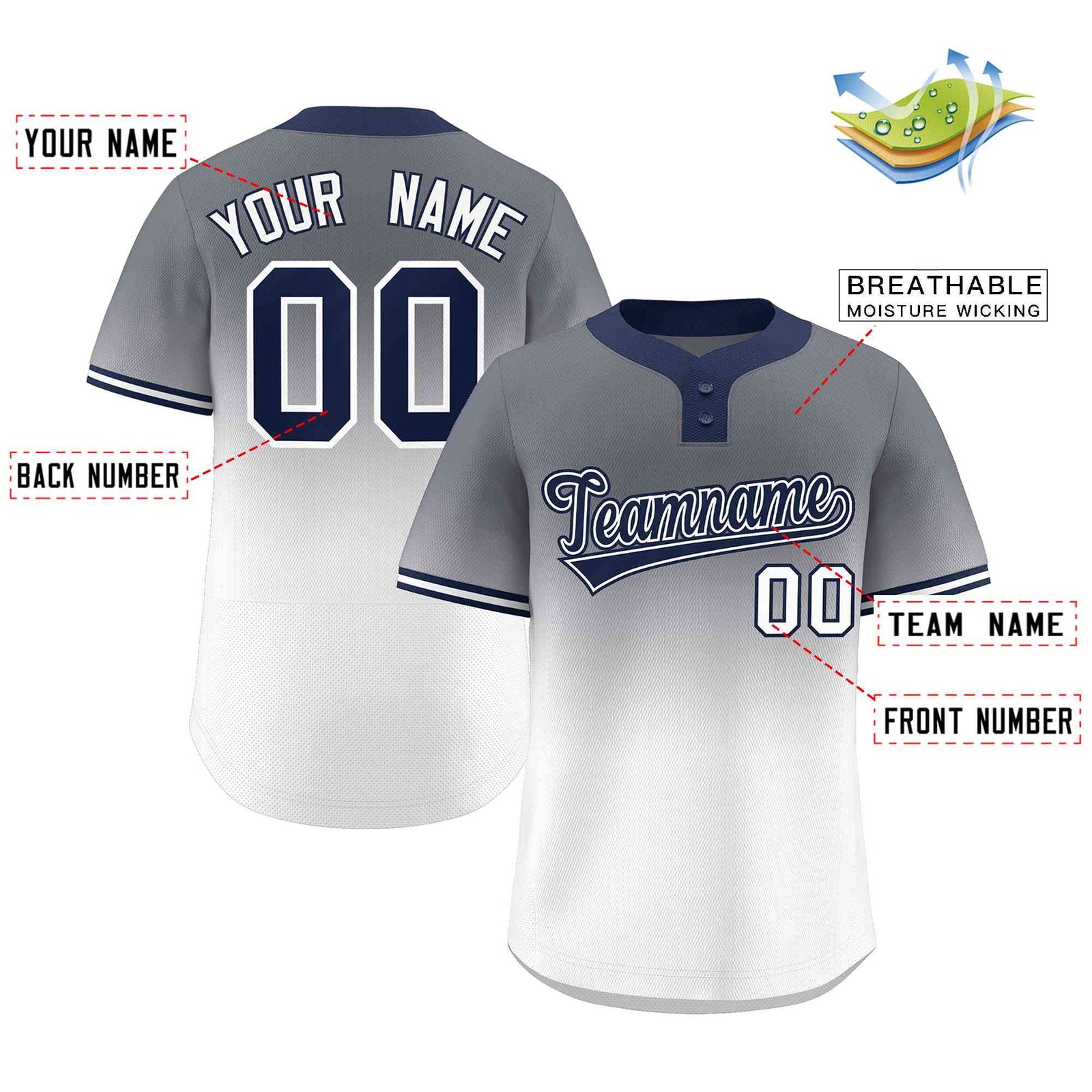 Custom Gray White Navy-White Gradient Fashion Authentic Two-Button Softball Jersey