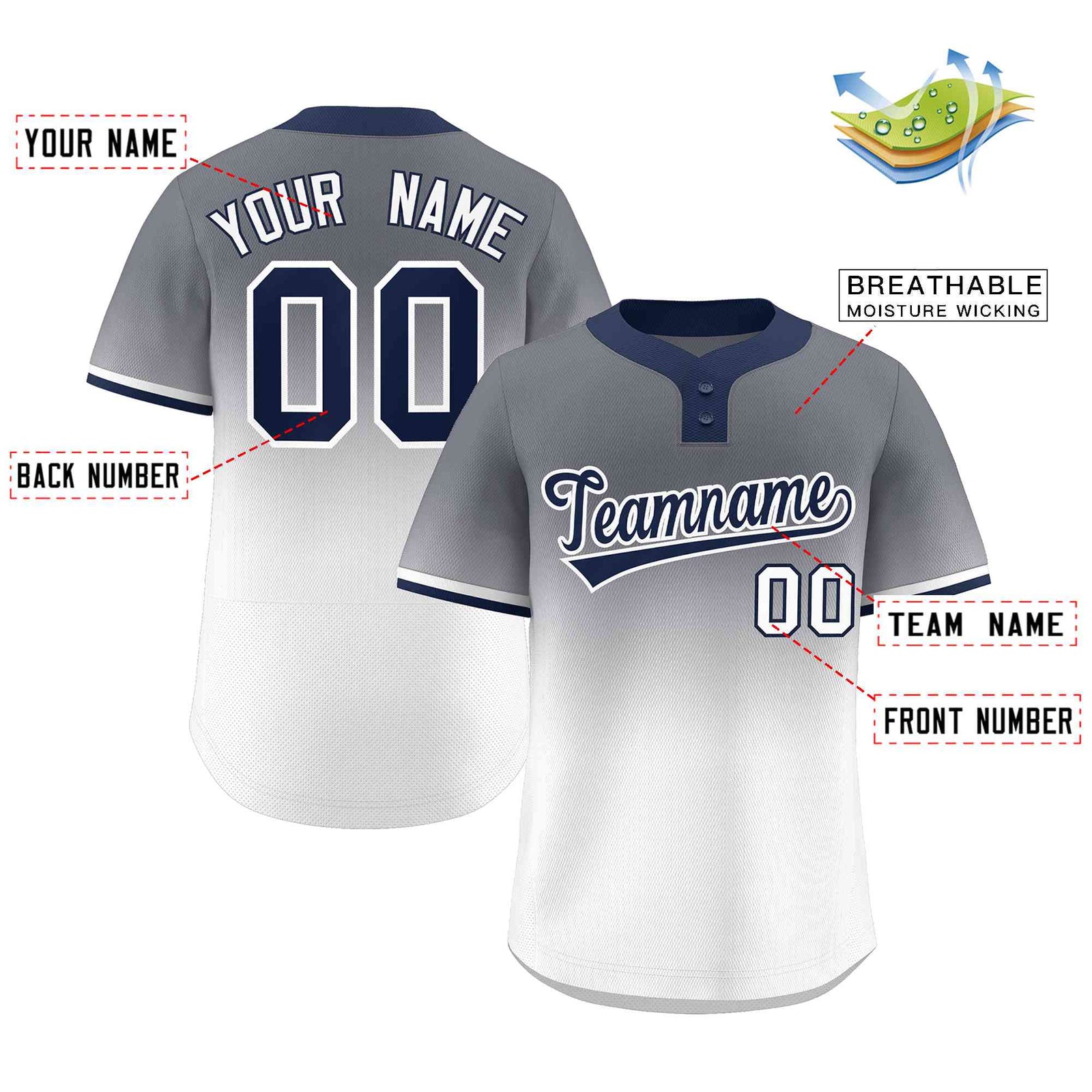 Custom Gray White Navy-White Gradient Fashion Authentic Two-Button Softball Jersey