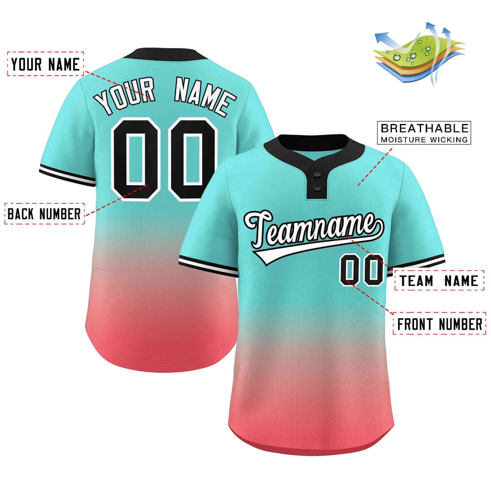 Custom Aqua Light Red White-Black Gradient Fashion Authentic Two-Button Softball Jersey