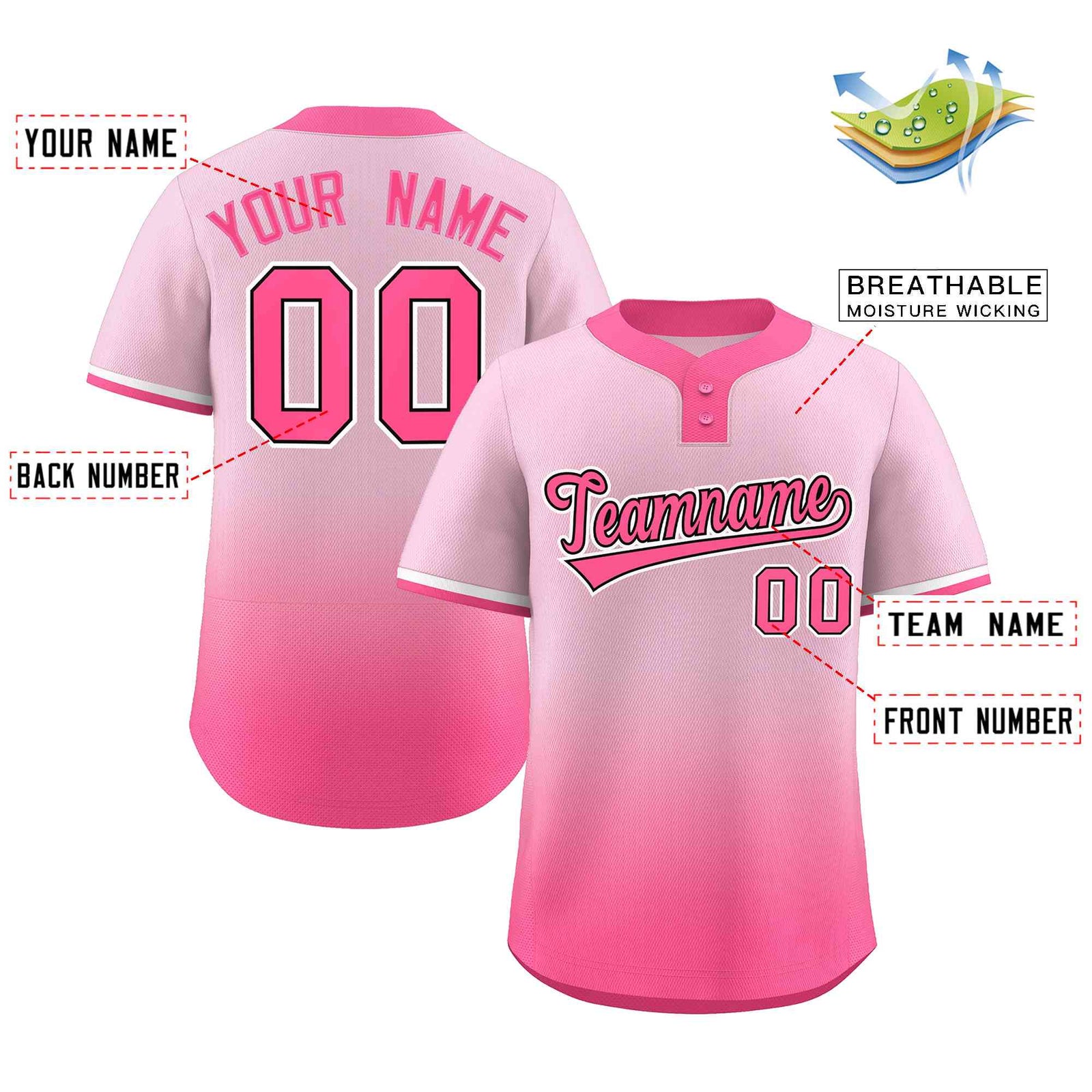 Custom Light Pink Pink Pink-Black Gradient Fashion Authentic Two-Button Softball Jersey