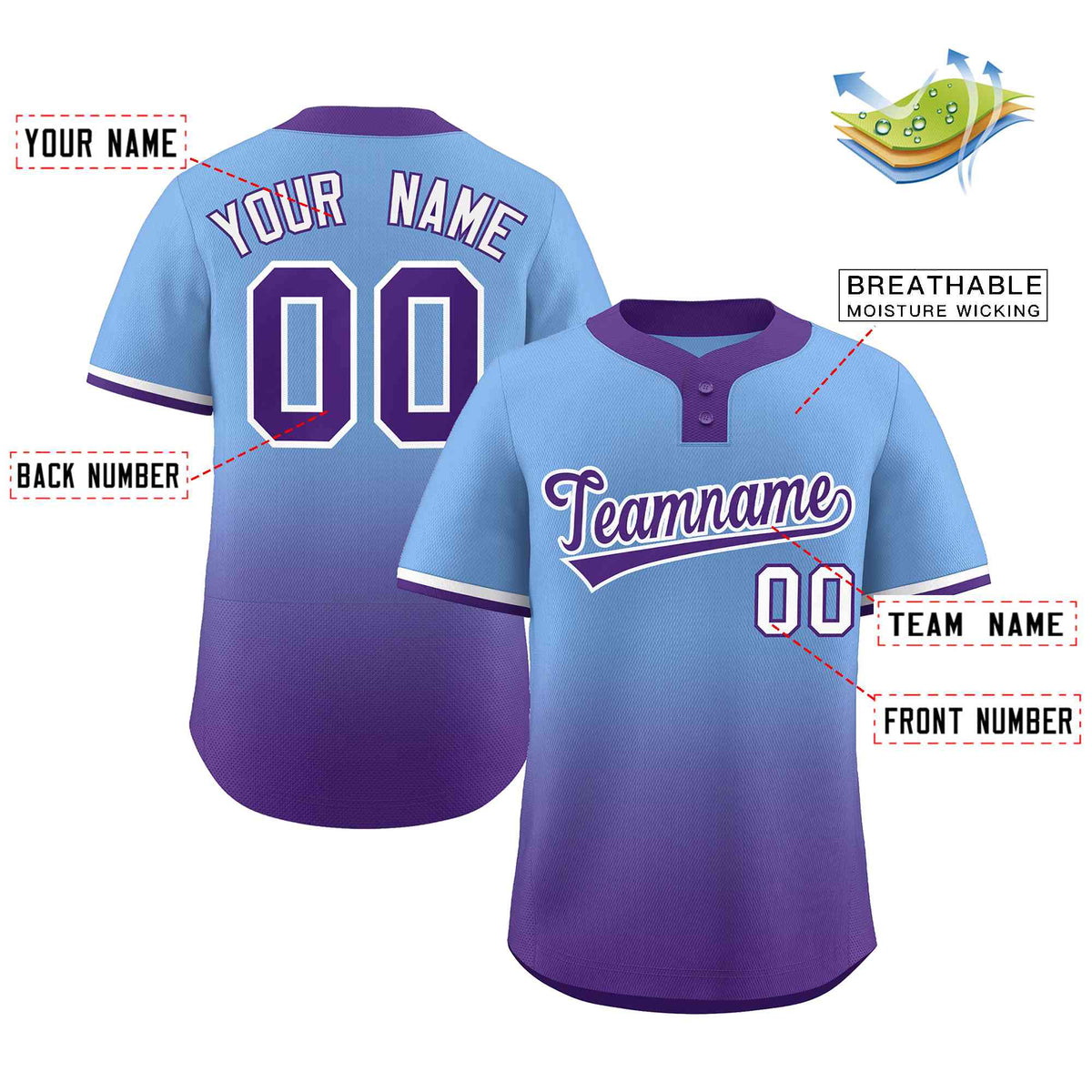 Custom Light Blue Purple Purple-White Gradient Fashion Authentic Two-Button Softball Jersey