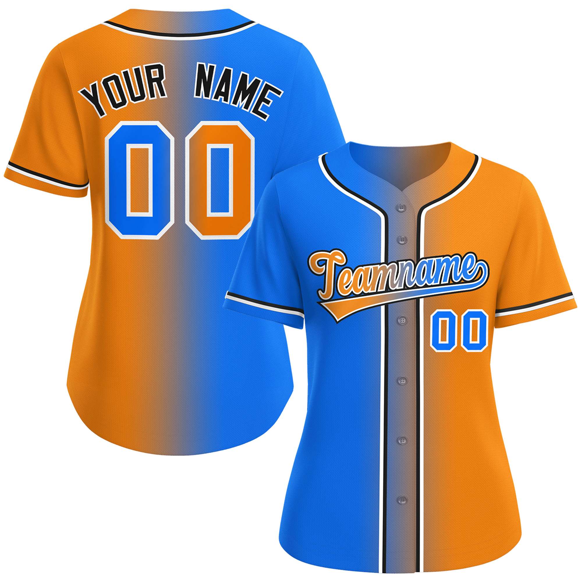 Custom Light Blue Orange-White Gradient Fashion Baseball Jersey For Women