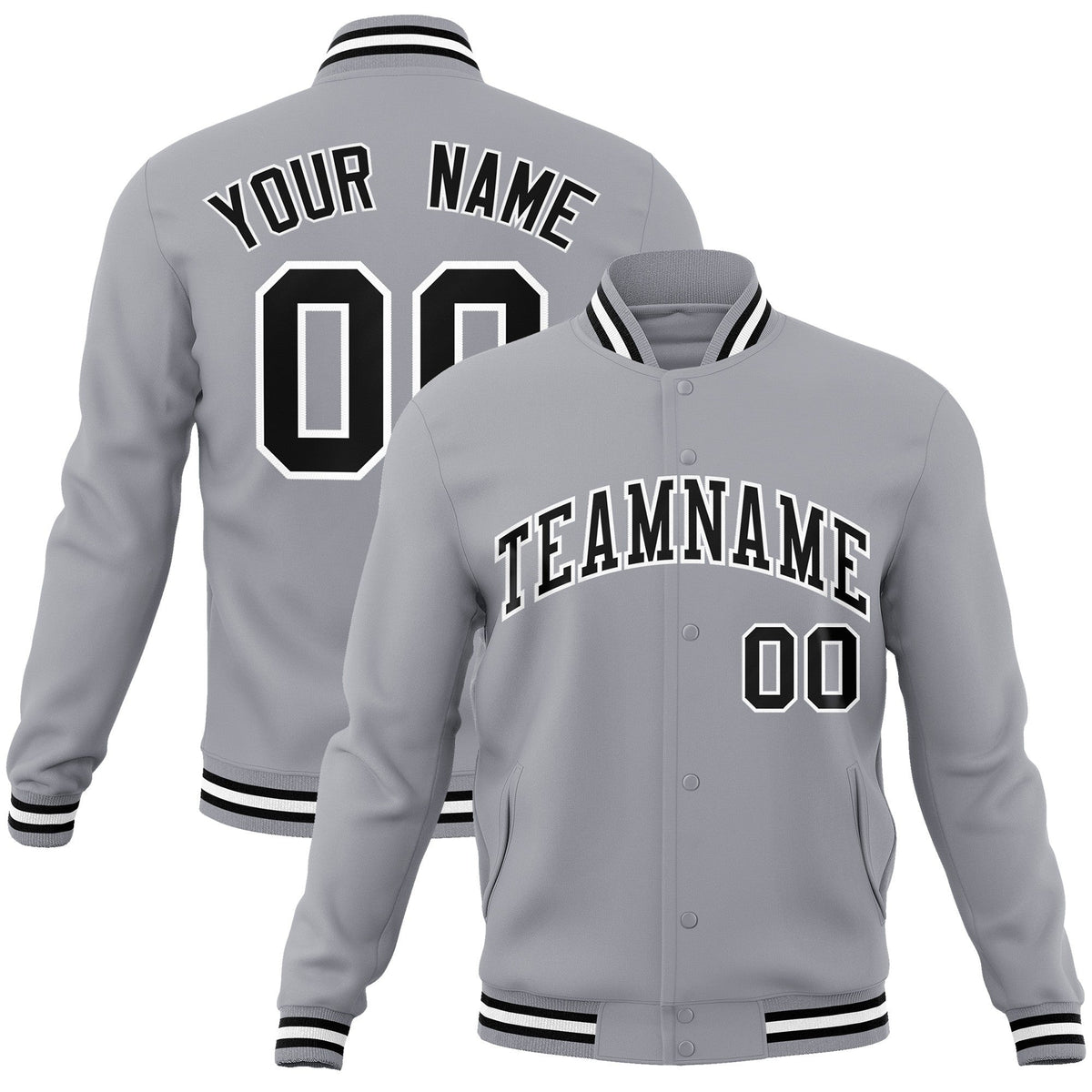 Custom Gray Black-White Classic Style Varsity Full-Snap Letterman Jacket