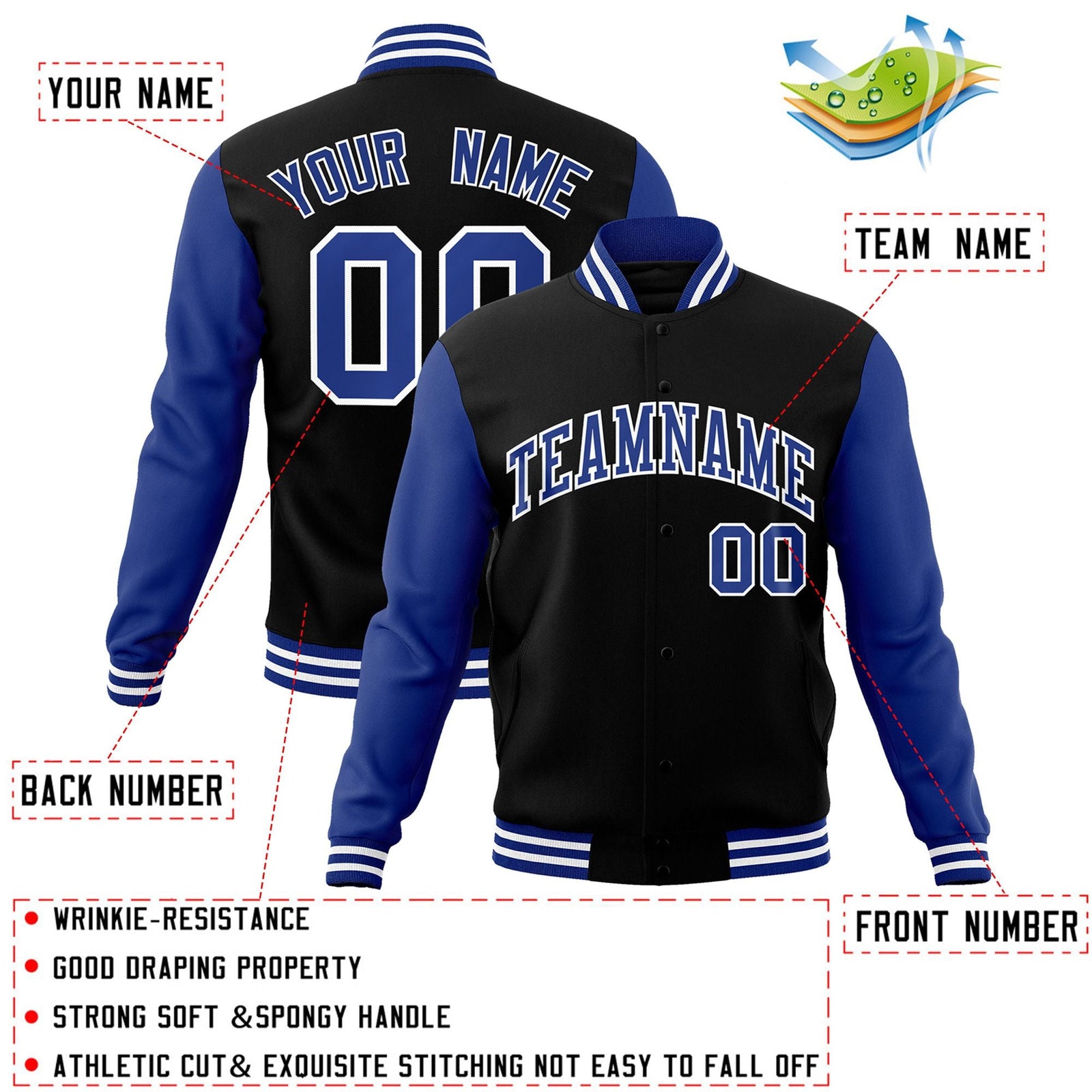 Custom Black Royal-White Raglan Sleeves Varsity Full-Snap Letterman Jacket