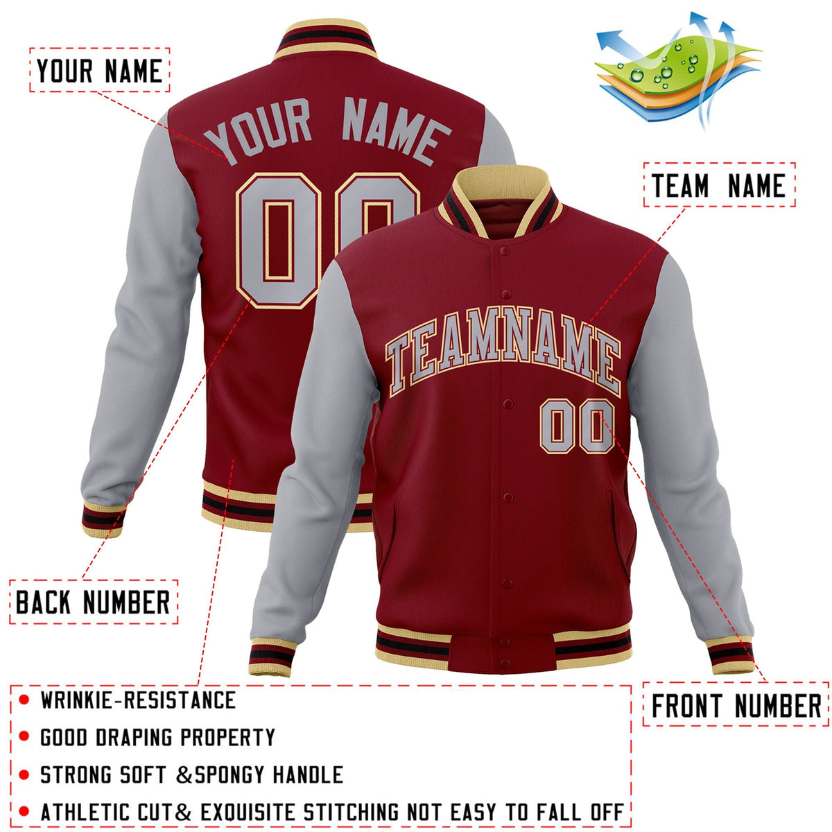 Custom Crimson Gray-Crimson Raglan Sleeves Varsity Full-Snap Letterman Jacket