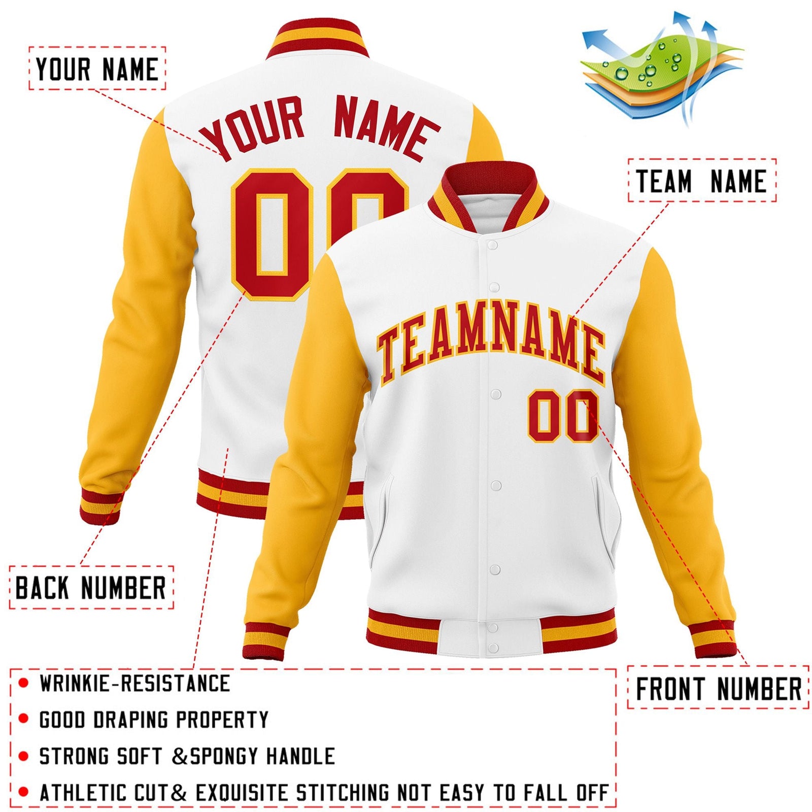 Custom White Red-Gold Raglan Sleeves Varsity Full-Snap Letterman Jacket