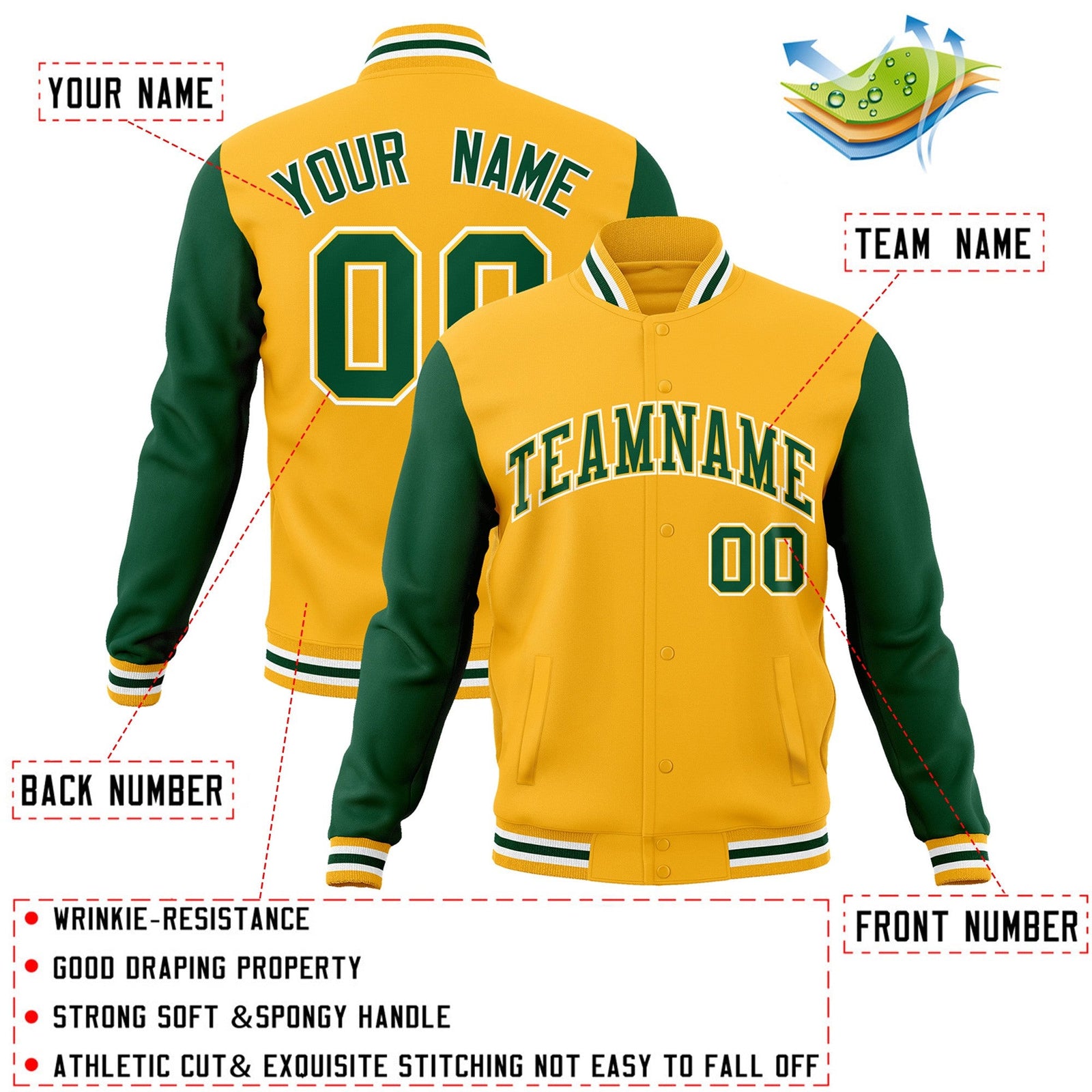 Custom Gold Green-Gold Raglan Sleeves Varsity Full-Snap Letterman Jacket