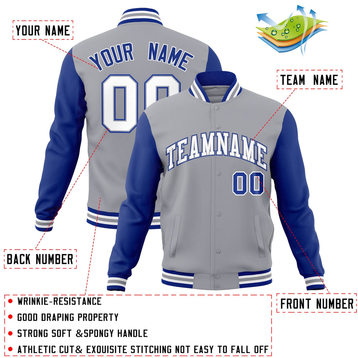 Custom Gray White-Gray Raglan Sleeves Varsity Full-Snap Letterman Jacket