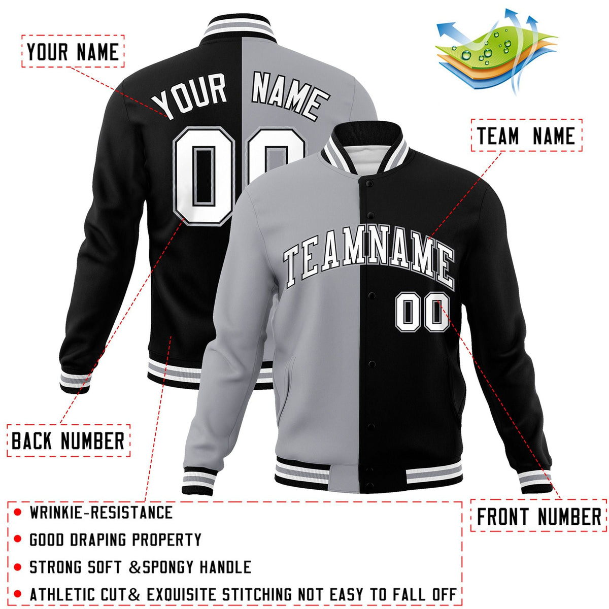 Custom Gray Black-White Varsity Full-Snap Letterman Two Tone Split Fashion Jacket