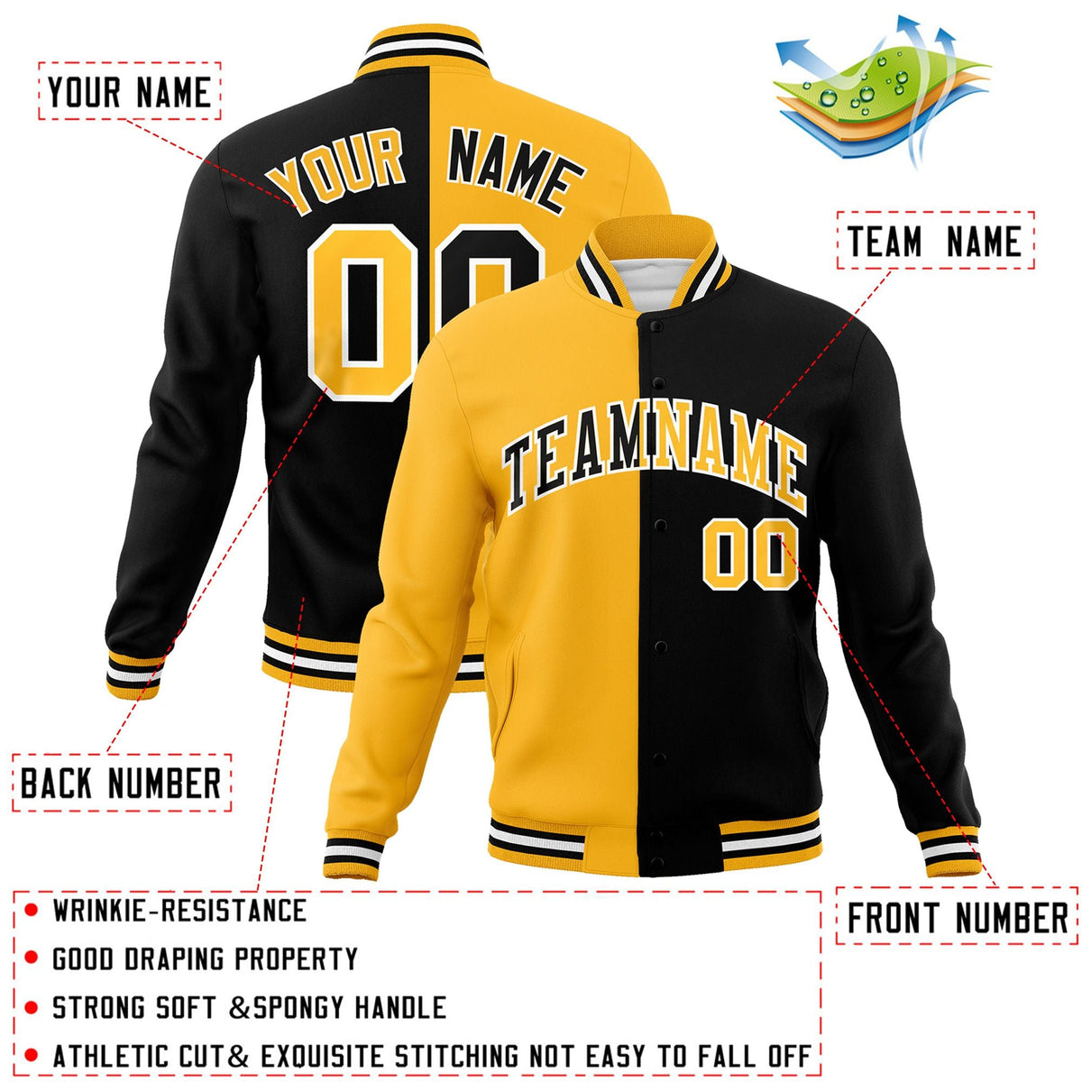 Custom Yellow Black-Black Varsity Full-Snap Letterman Two Tone Split Fashion Jacket