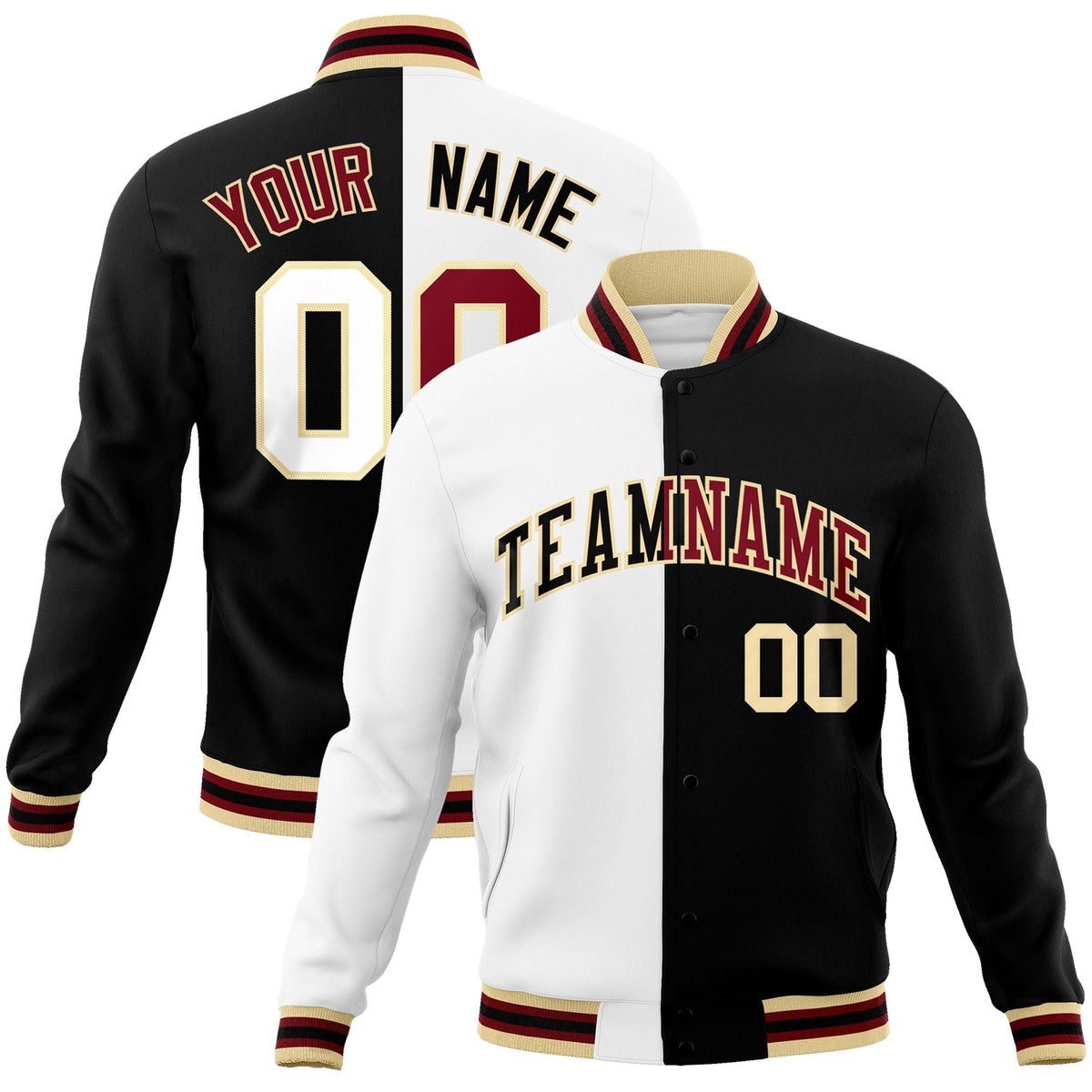 Custom White Black-Black Varsity Full-Snap Letterman Two Tone Split Fashion Jacket