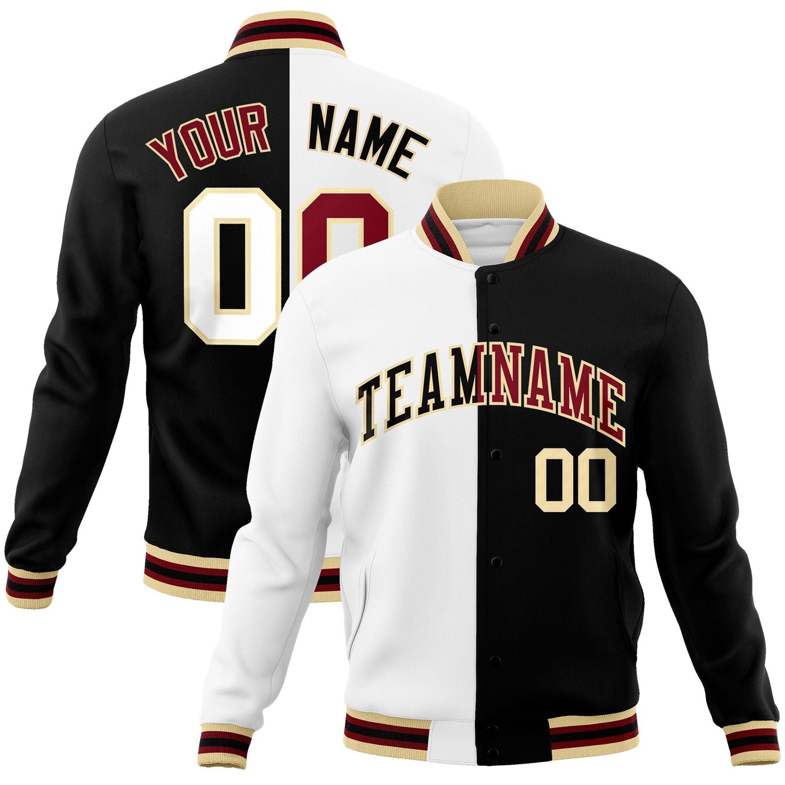 Custom White Black-Black Varsity Full-Snap Letterman Two Tone Split Fashion Jacket