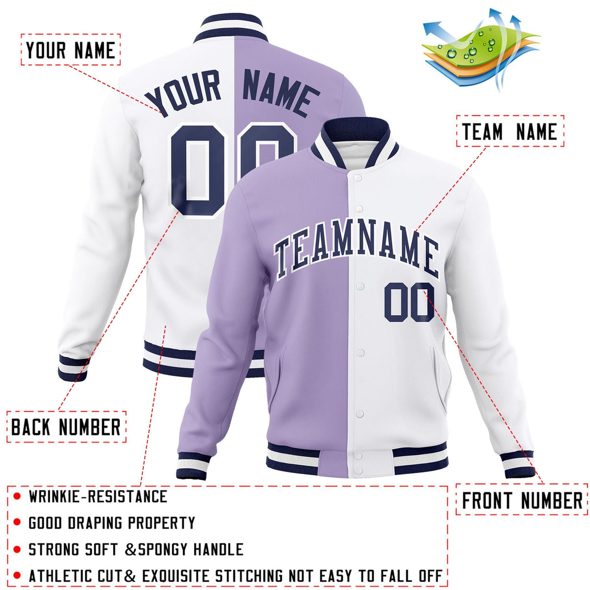 Custom Light Purple White-Navy Varsity Full-Snap Letterman Two Tone Split Fashion Jacket