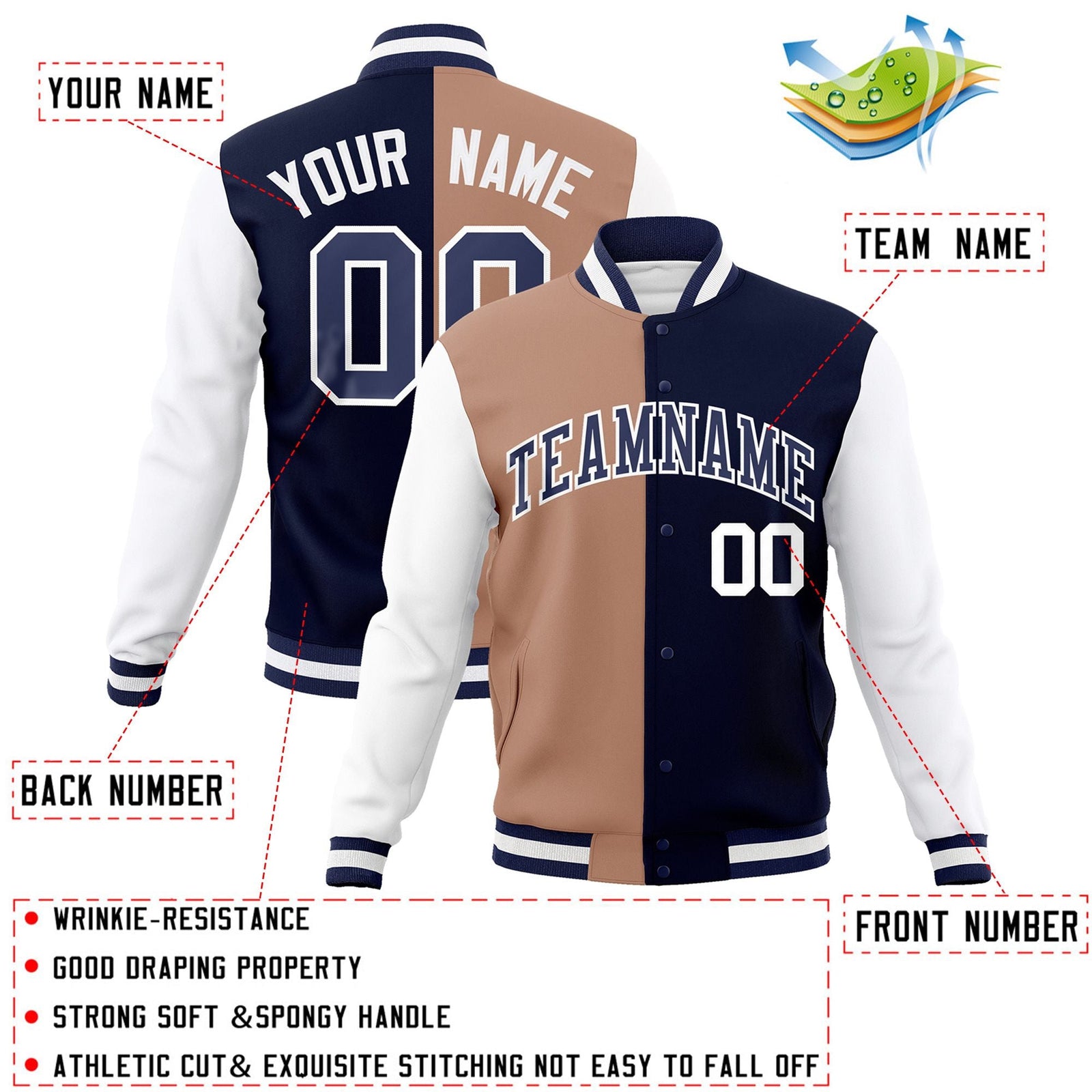 Custom Brown Navy-Navy Varsity Full-Snap Letterman Two Tone Split Fashion Jacket