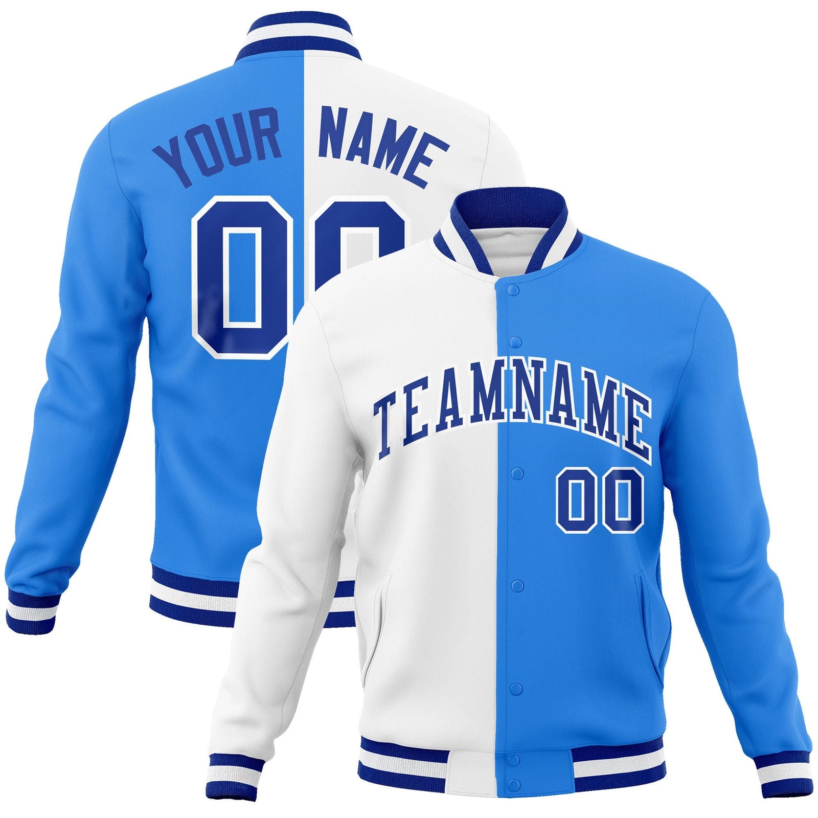 Custom White Powder Blue-Royal Varsity Full-Snap Letterman Two Tone Split Fashion Jacket