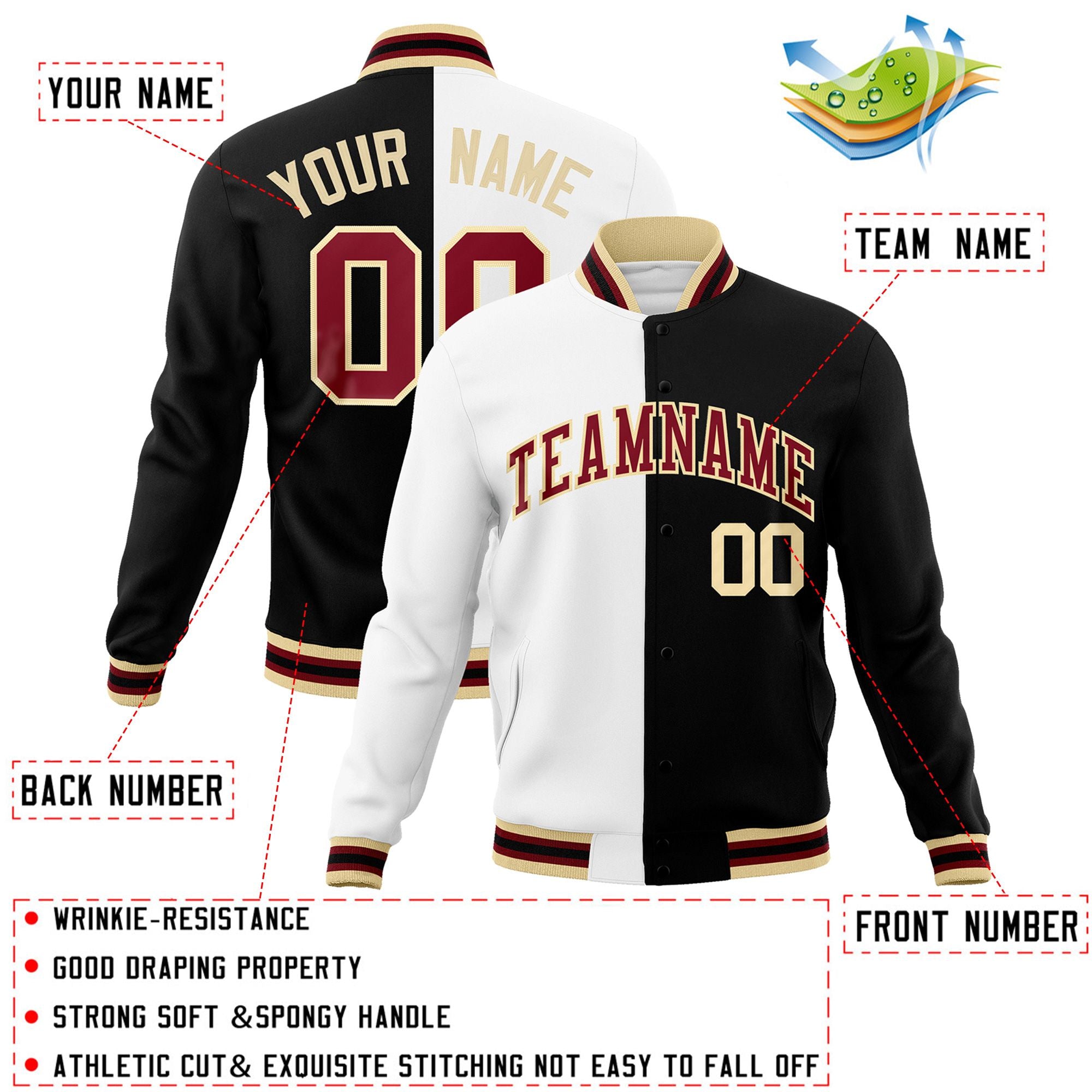 Custom White Black-Crimson Varsity Full-Snap Letterman Two Tone Split Fashion Jacket