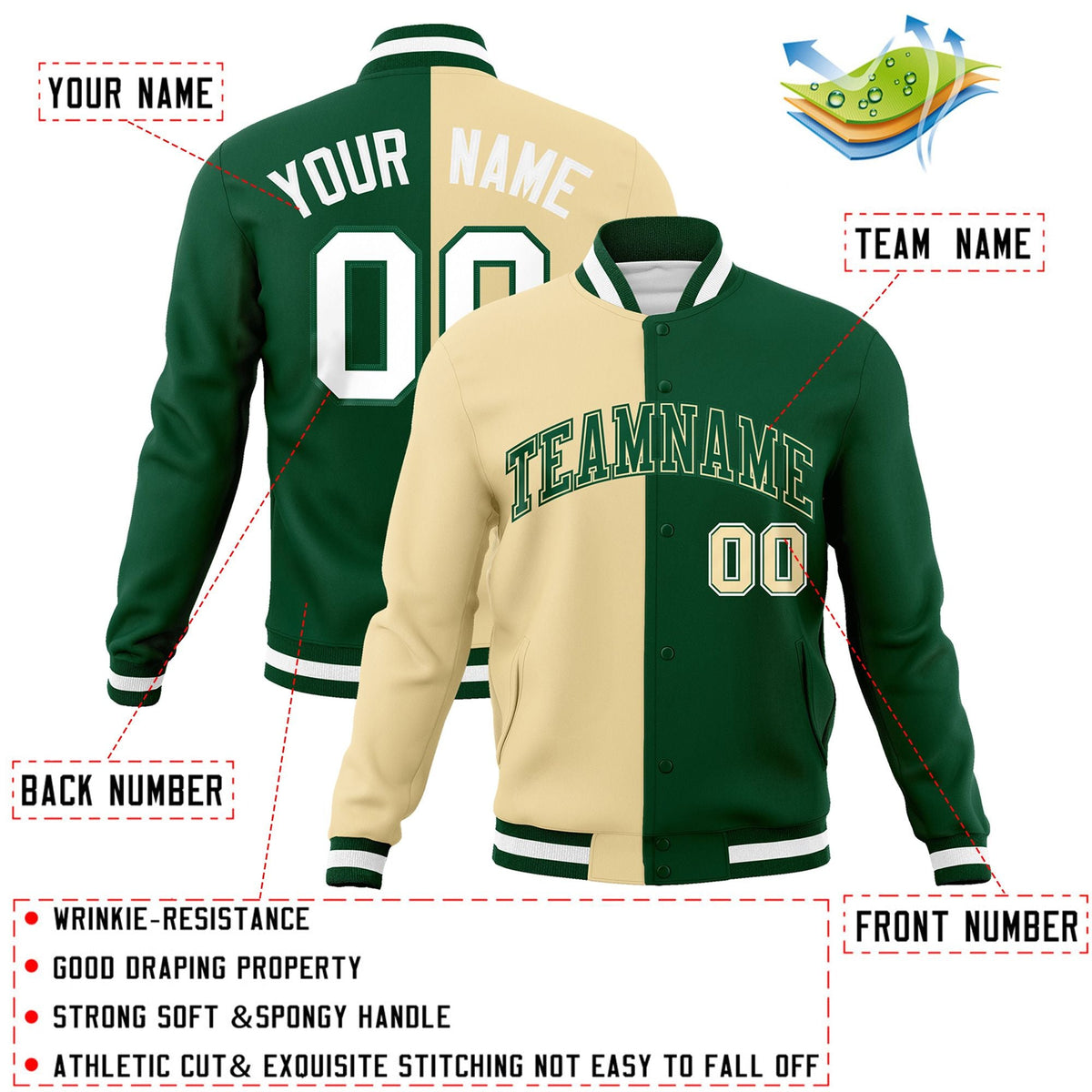Custom Khaki Green-Green Varsity Full-Snap Letterman Two Tone Split Fashion Jacket