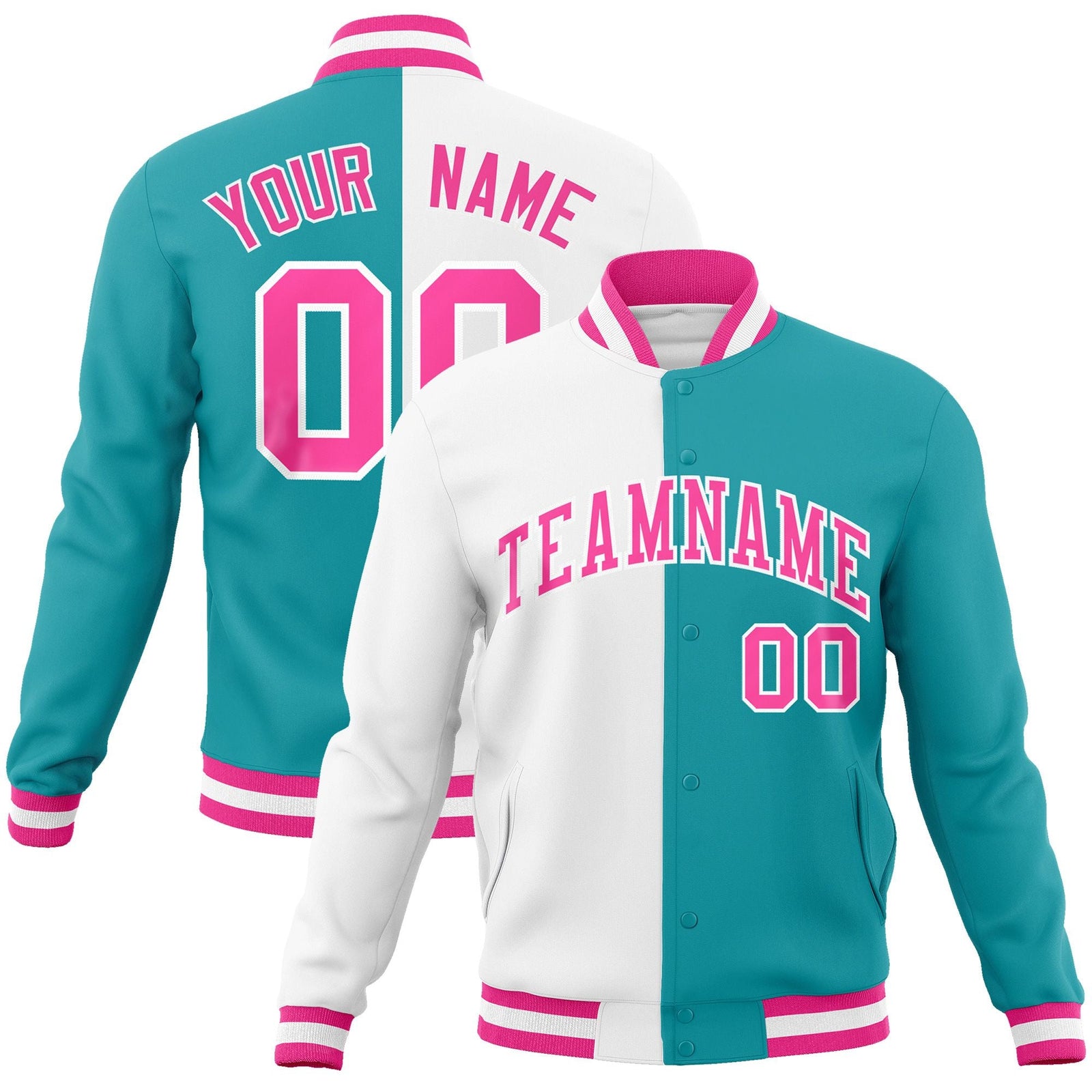 Custom White Aqua-Pink Varsity Full-Snap Letterman Two Tone Split Fashion Jacket